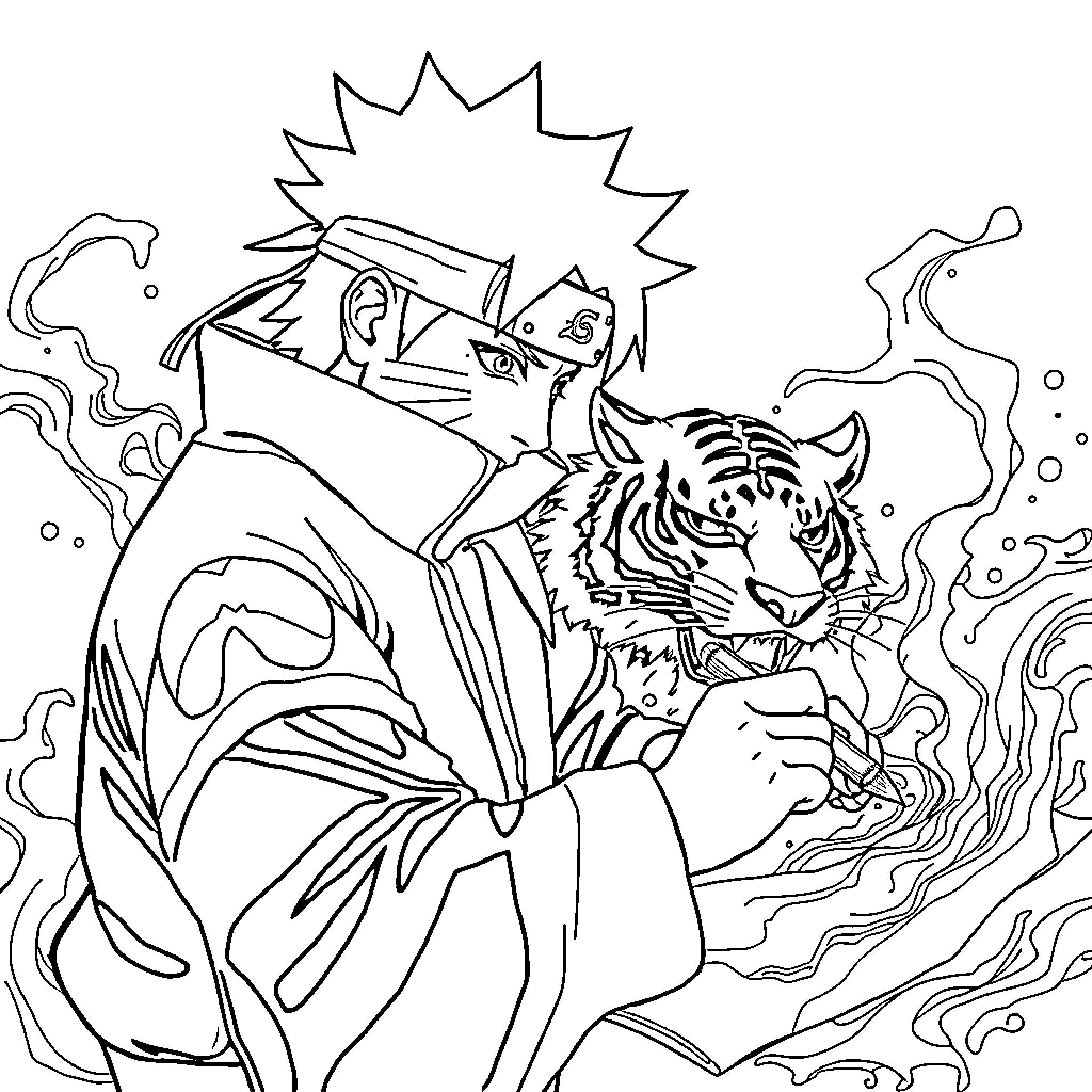 Tiger Unleashing Powerful Flames in Dramatic Pose Coloring Page (free black-and-white line drawing printable PDF for all, from beginners to advanced learners, including children, teens, adults, and seniors)