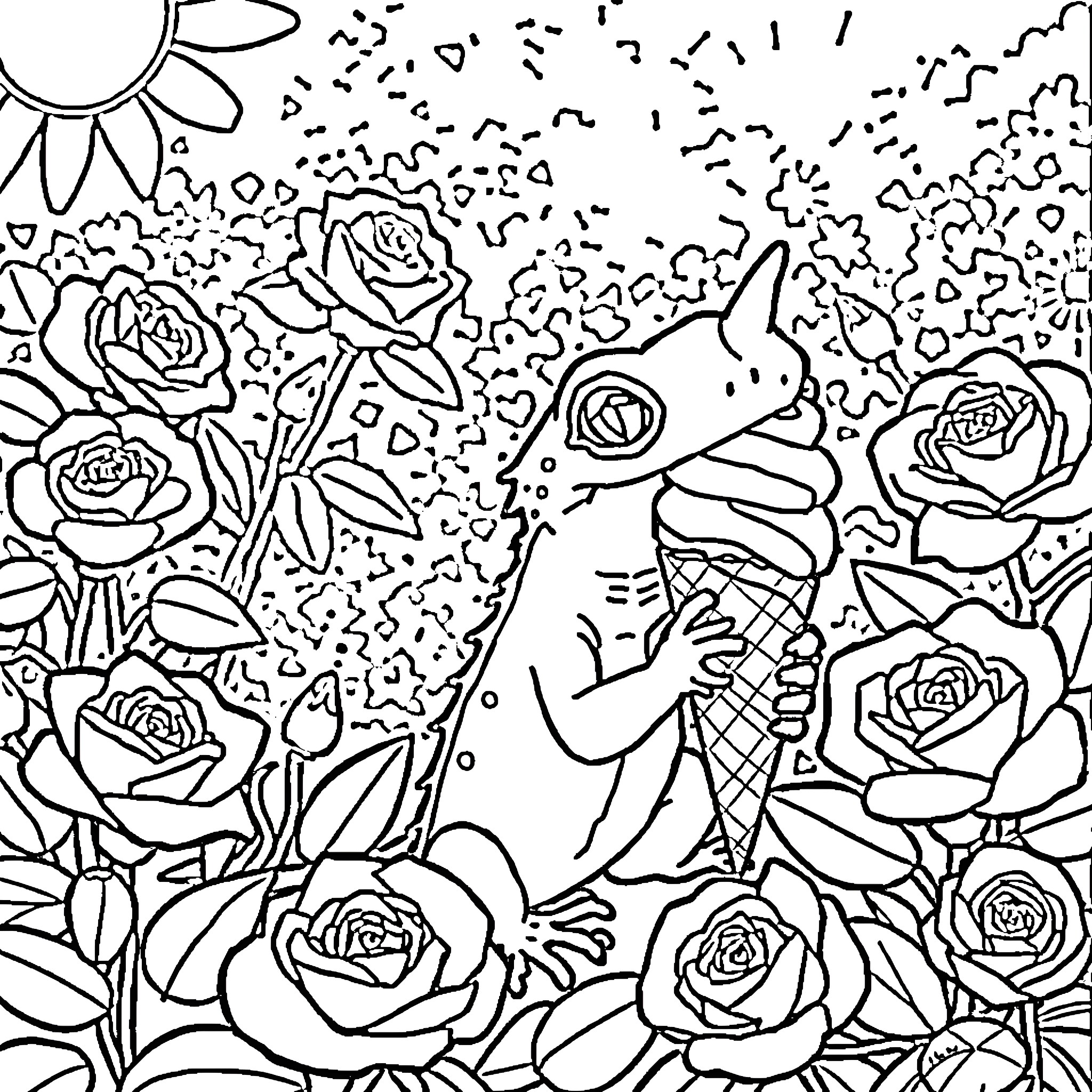 Gecko wandering through a field of roses Coloring Page (free black-and-white line drawing printable PDF for all, from beginners to advanced learners, including children, teens, adults, and seniors)