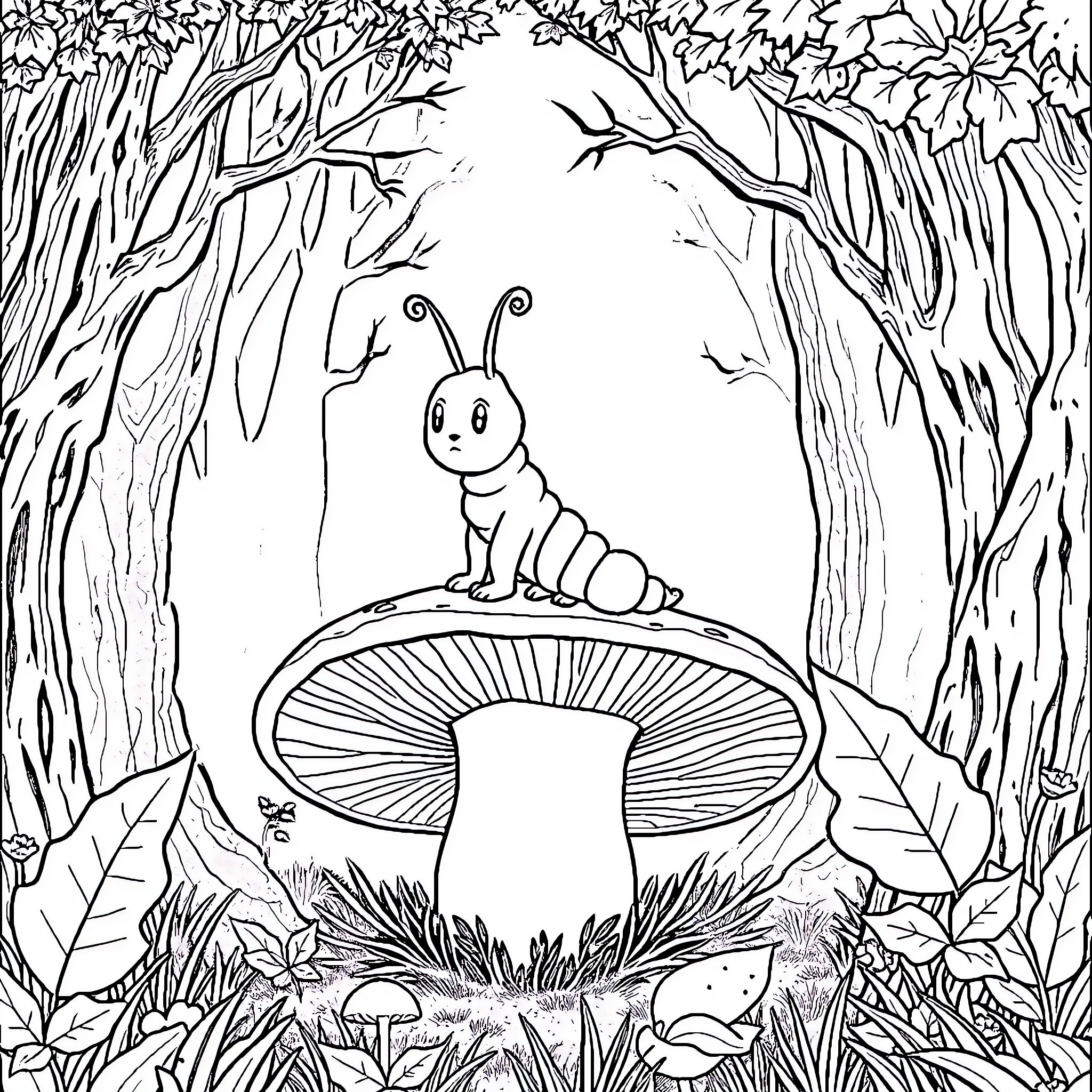 Caterpillar exploring a magical mushroom in the enchanted forest Coloring Page (free black-and-white line drawing printable PDF for all, from beginners to advanced learners, including children, teens, adults, and seniors)