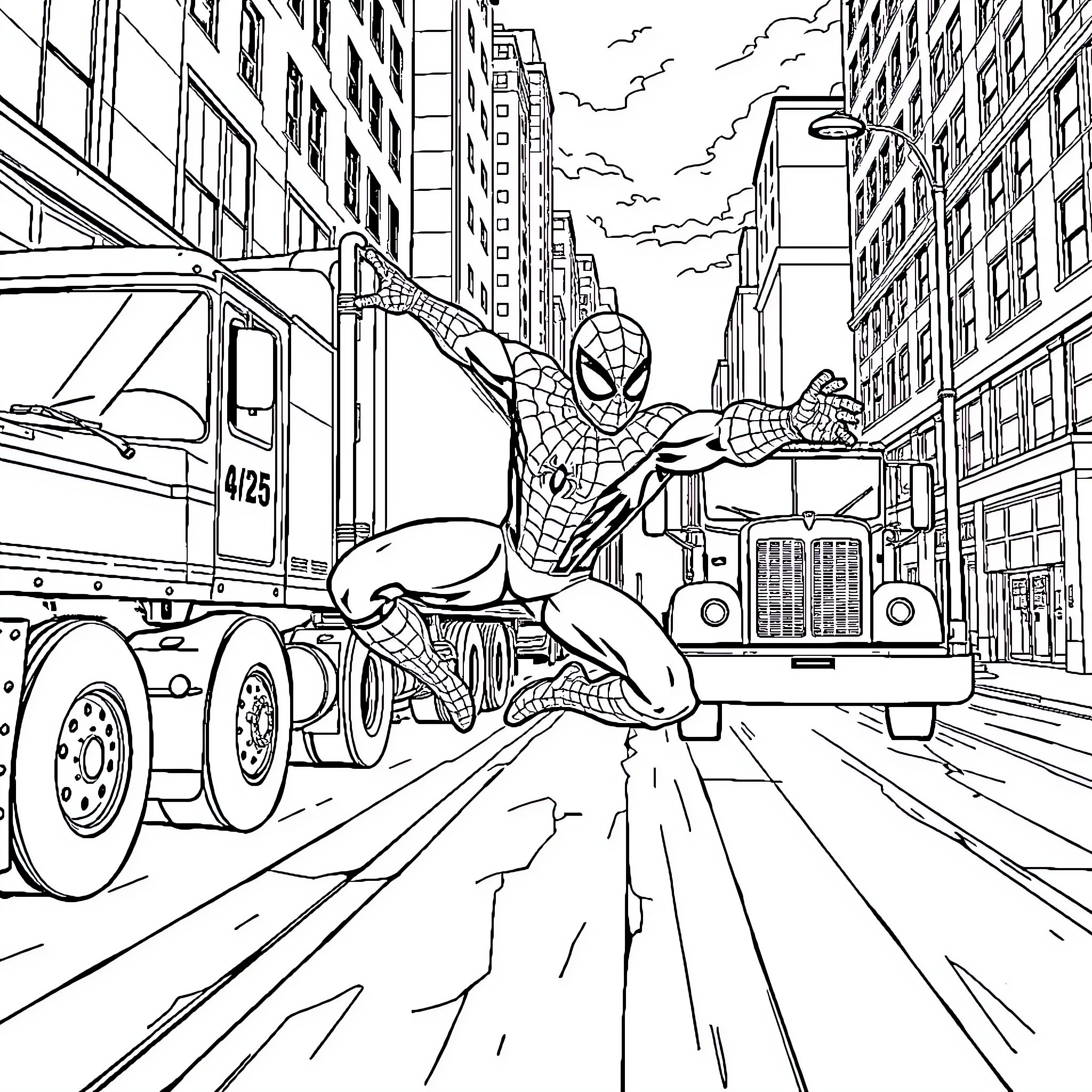 Spiderman swinging through the city streets Coloring Page (free black-and-white line drawing printable PDF for all, from beginners to advanced learners, including children, teens, adults, and seniors)