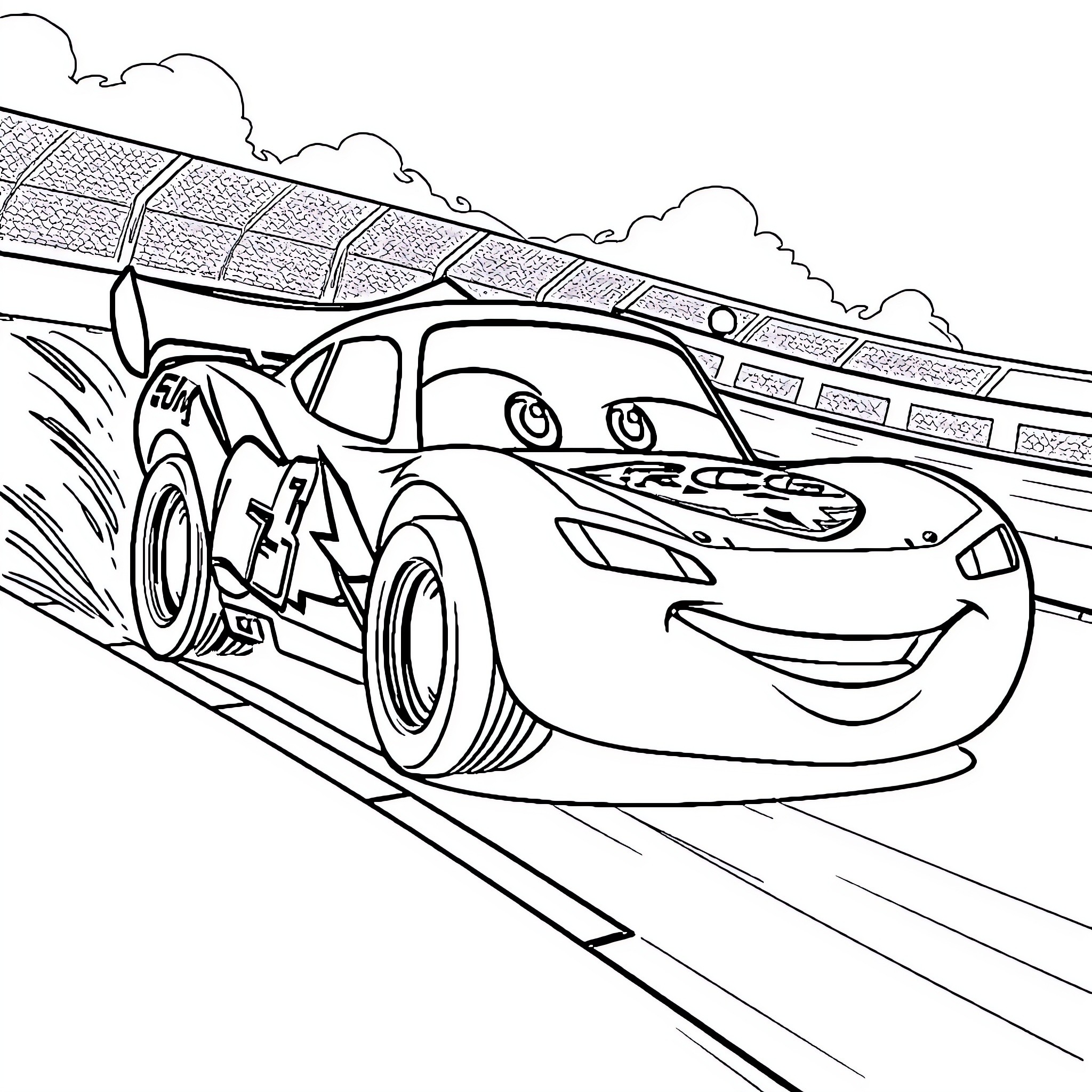 Lightning McQueen racing on the track Coloring Page (free black-and-white line drawing printable PDF for all, from beginners to advanced learners, including children, teens, adults, and seniors)