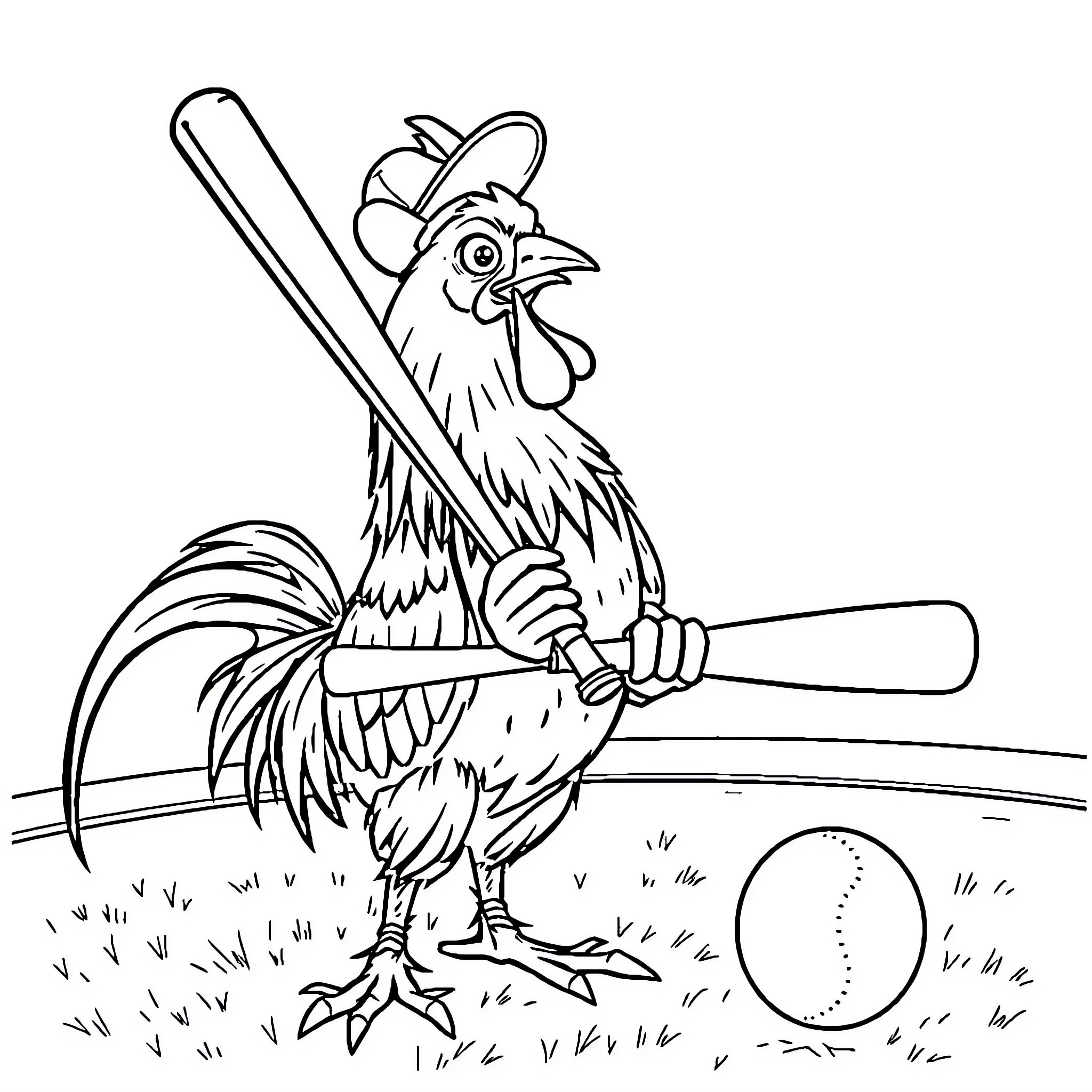 Rooster with baseball bat ready to swing Coloring Page (free black-and-white line drawing printable PDF for all, from beginners to advanced learners, including children, teens, adults, and seniors)