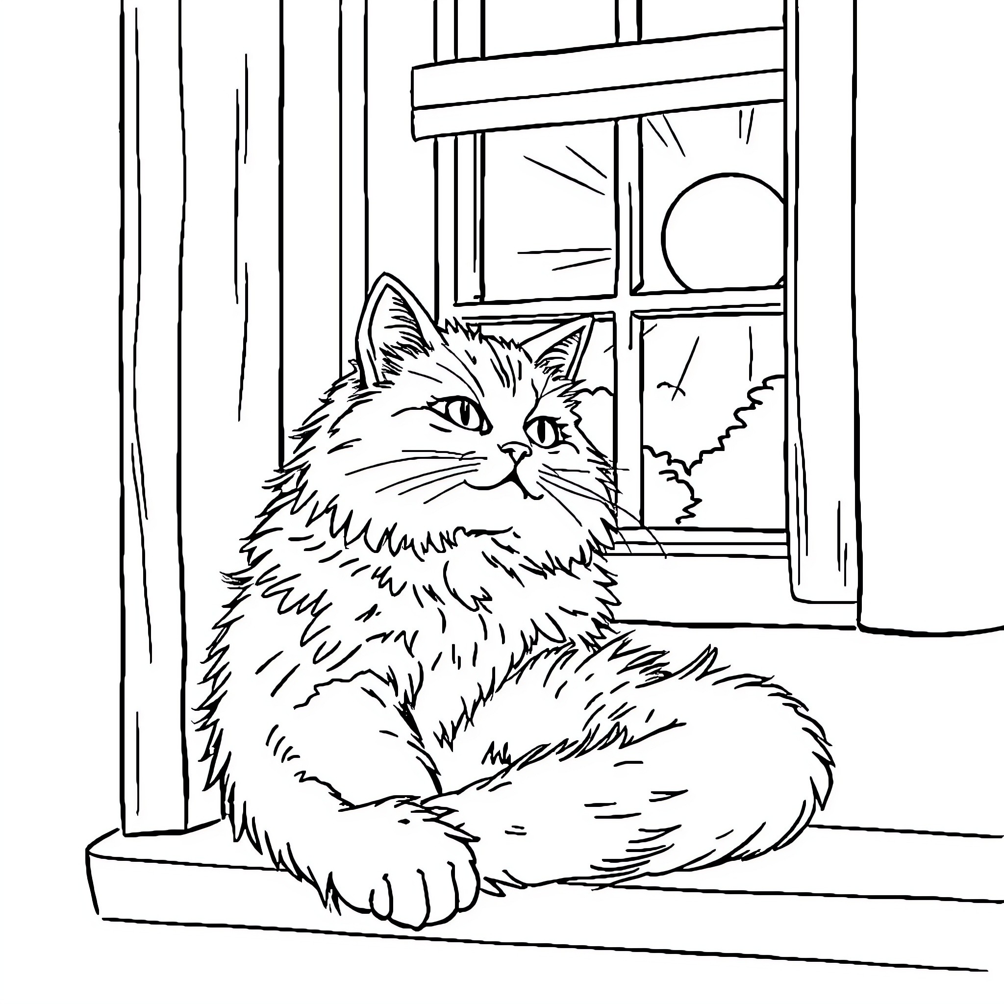 Cat enjoying the view from window Coloring Page (free black-and-white line drawing printable PDF for all, from beginners to advanced learners, including children, teens, adults, and seniors)