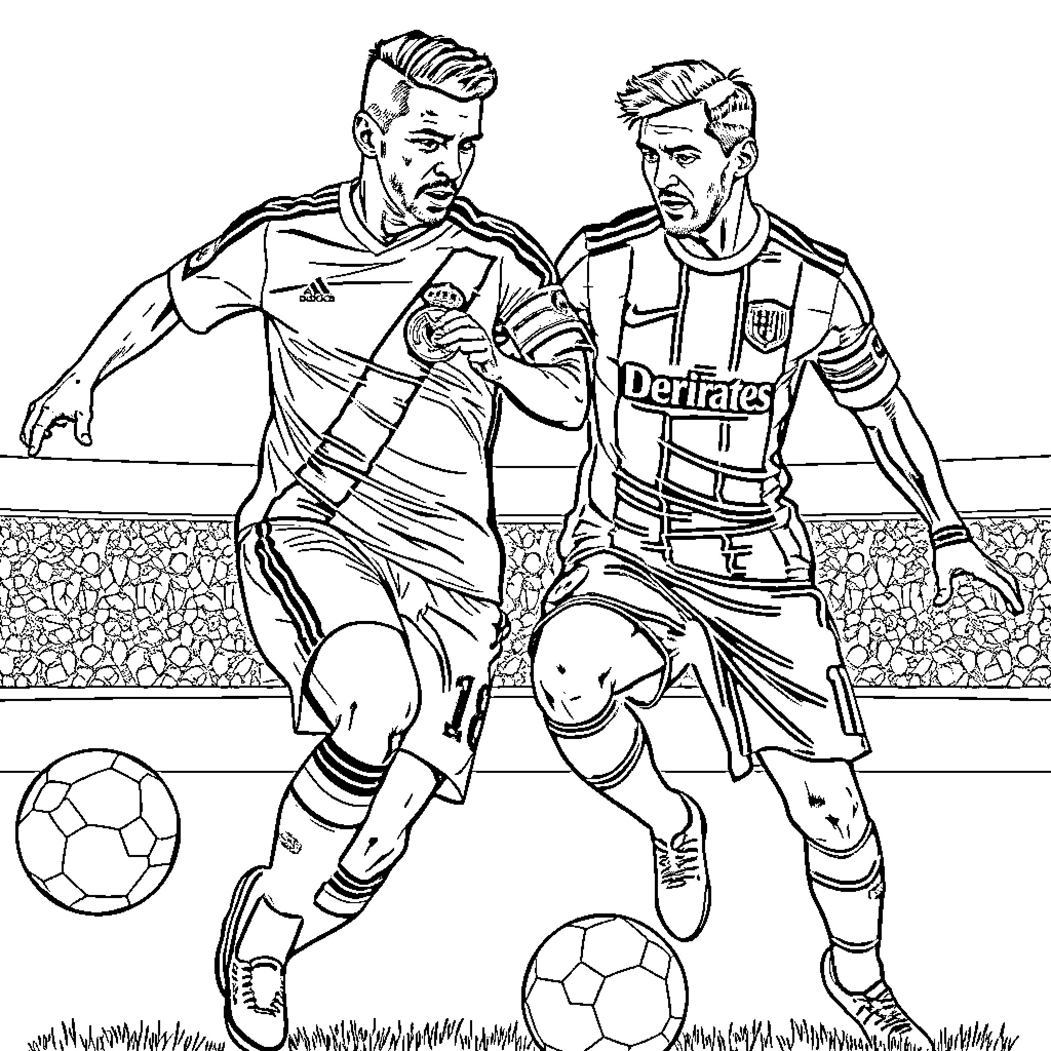 Ronaldo and Messi engaging in a soccer match Coloring Page (free black-and-white line drawing printable PDF for all, from beginners to advanced learners, including children, teens, adults, and seniors)