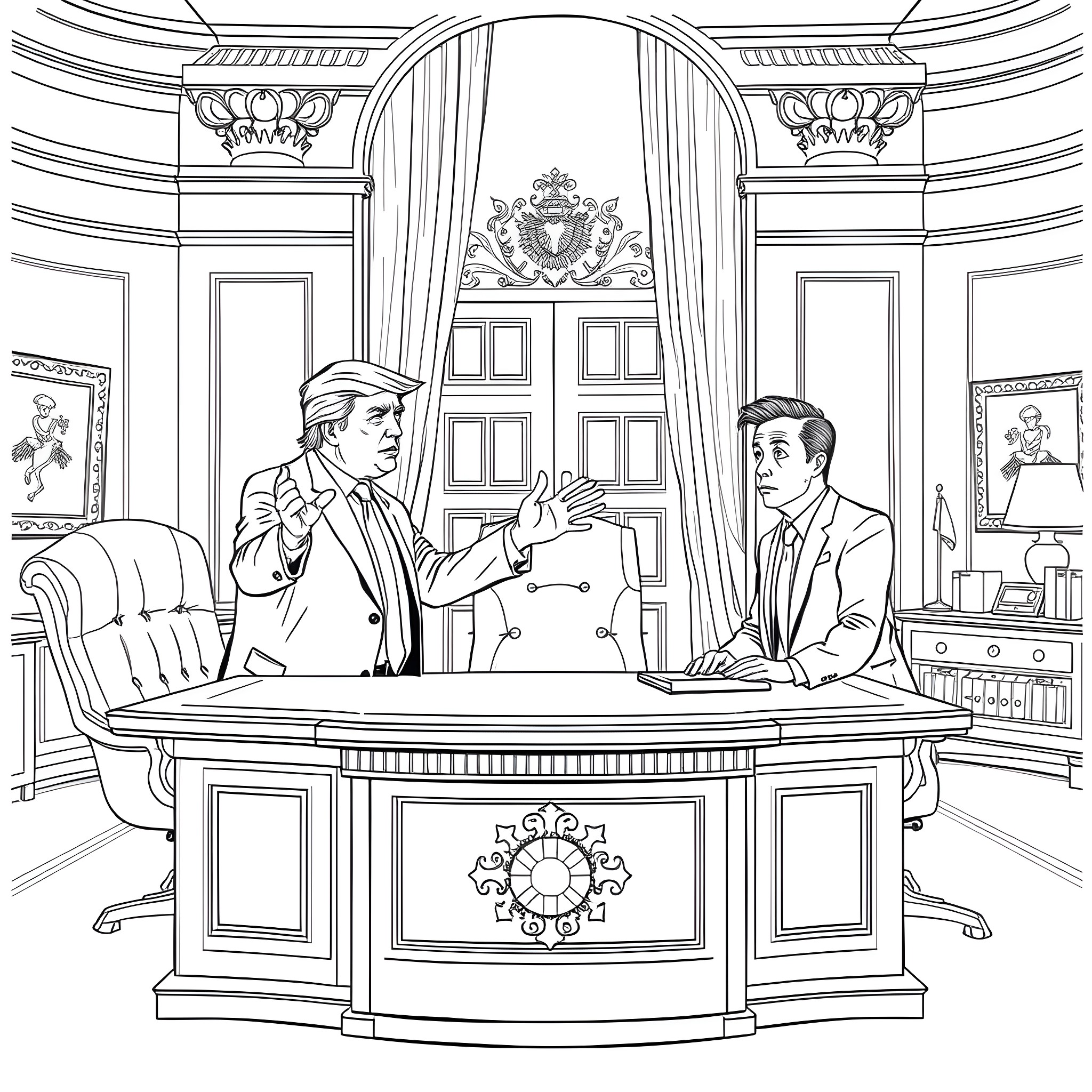 Donald Trump in heated debate with political rival in Oval Office Coloring Page (free black-and-white line drawing printable PDF for all, from beginners to advanced learners, including children, teens, adults, and seniors)