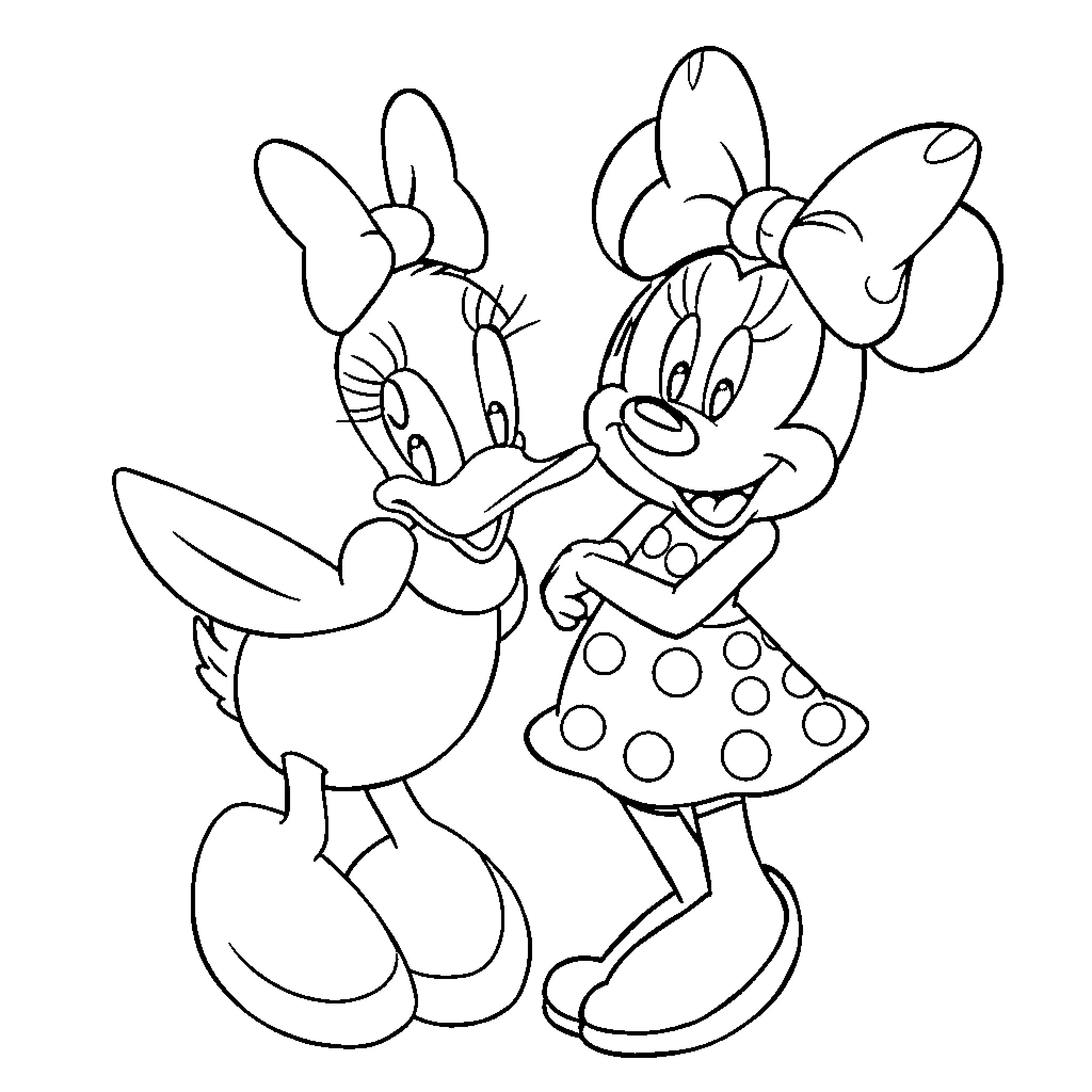 Minnie Mouse and friend in playful pose Coloring Page (free black-and-white line drawing printable PDF for all, from beginners to advanced learners, including children, teens, adults, and seniors)