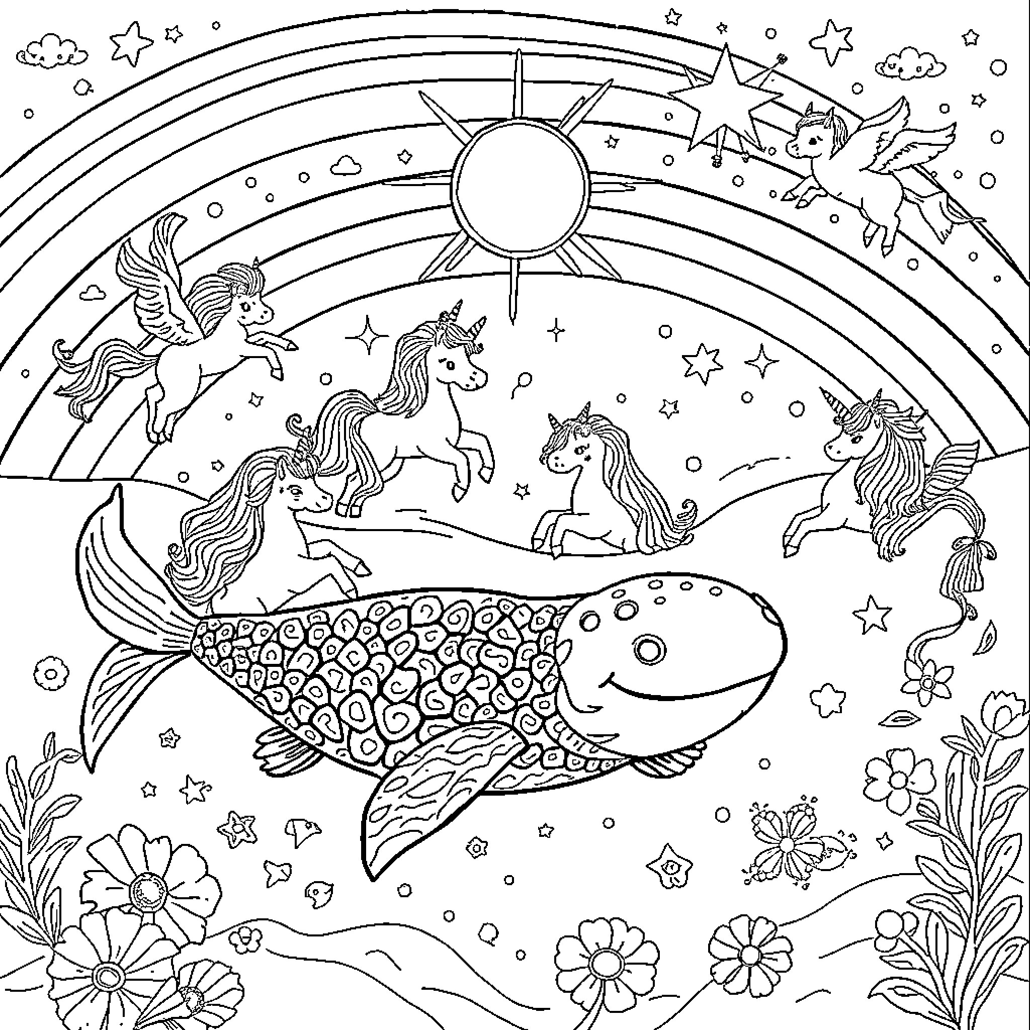 Axolotl swimming among magical unicorns and sea creatures Coloring Page (free black-and-white line drawing printable PDF for all, from beginners to advanced learners, including children, teens, adults, and seniors)
