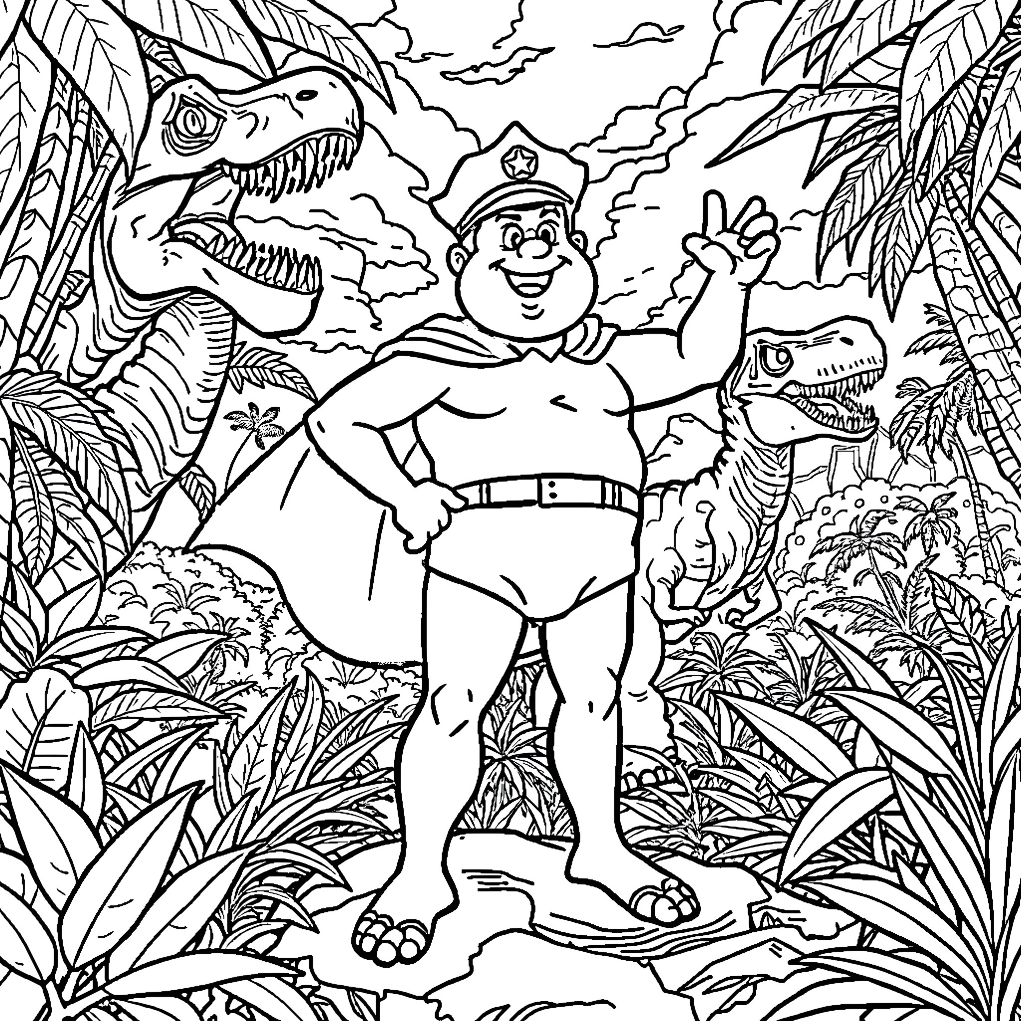 Captain Underpants Exploring Prehistoric Jungle with Dinosaurs Coloring Page (free black-and-white line drawing printable PDF for all, from beginners to advanced learners, including children, teens, adults, and seniors)