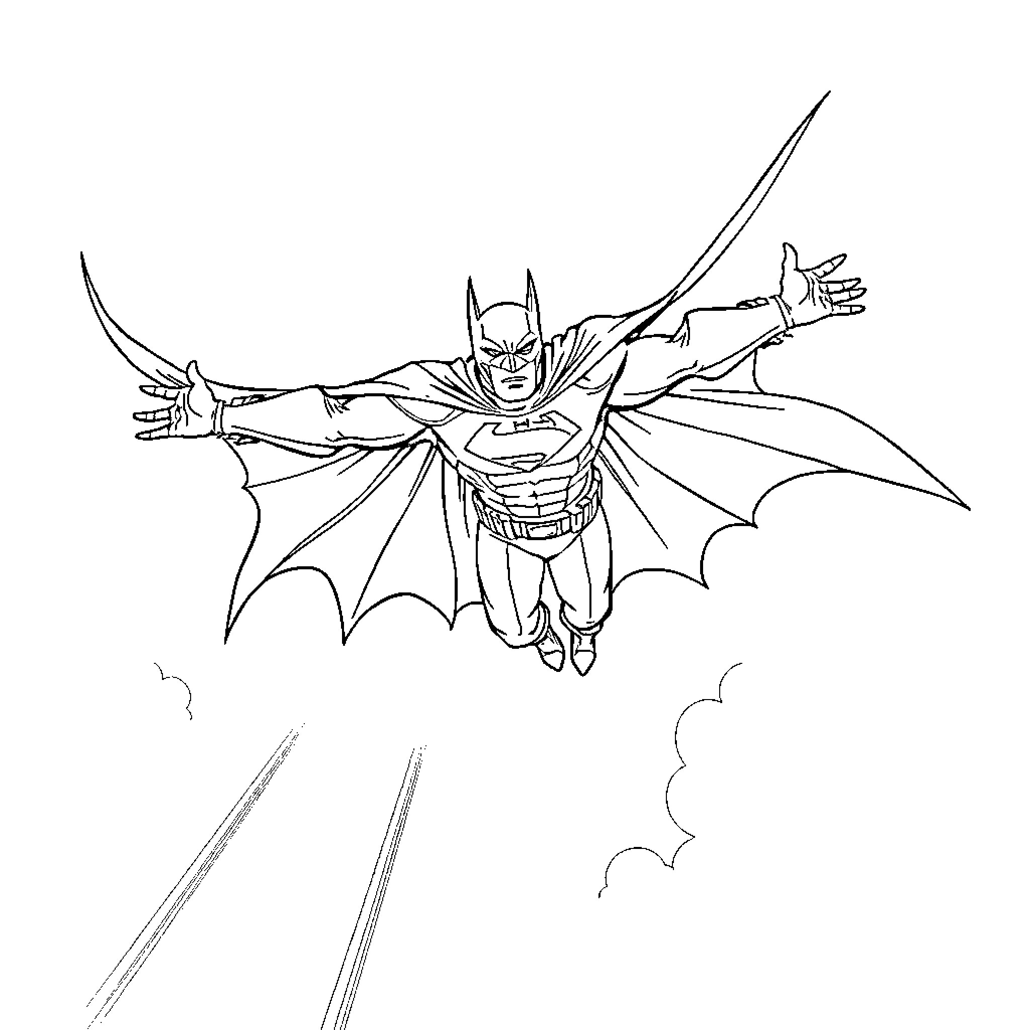 Batman soaring through the sky with outstretched arms Coloring Page (free black-and-white line drawing printable PDF for all, from beginners to advanced learners, including children, teens, adults, and seniors)
