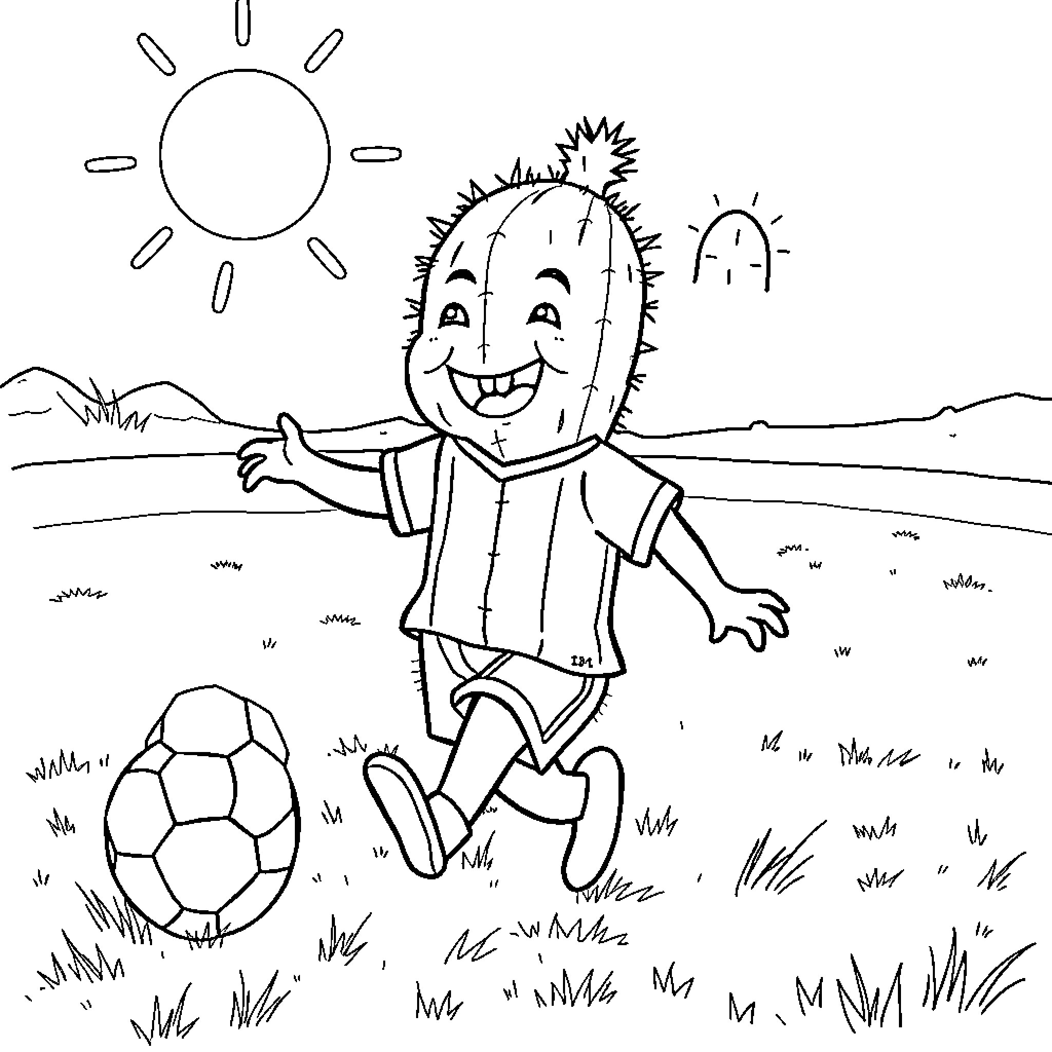 Cactus Happily Kicking Soccer Ball in the Sun Coloring Page (free black-and-white line drawing printable PDF for all, from beginners to advanced learners, including children, teens, adults, and seniors)