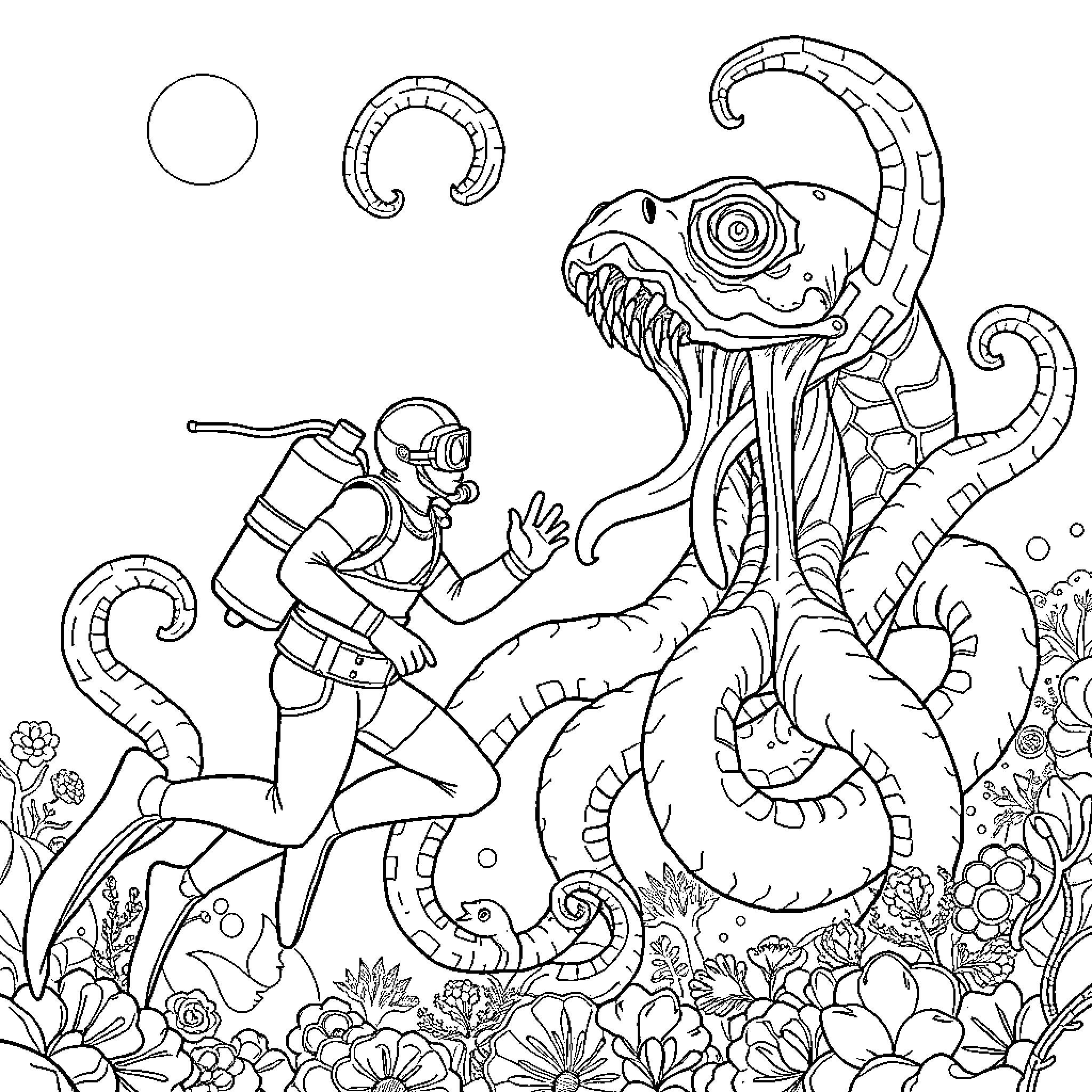 Diver exploring the deep sea with a giant sea creature Coloring Page (free black-and-white line drawing printable PDF for all, from beginners to advanced learners, including children, teens, adults, and seniors)