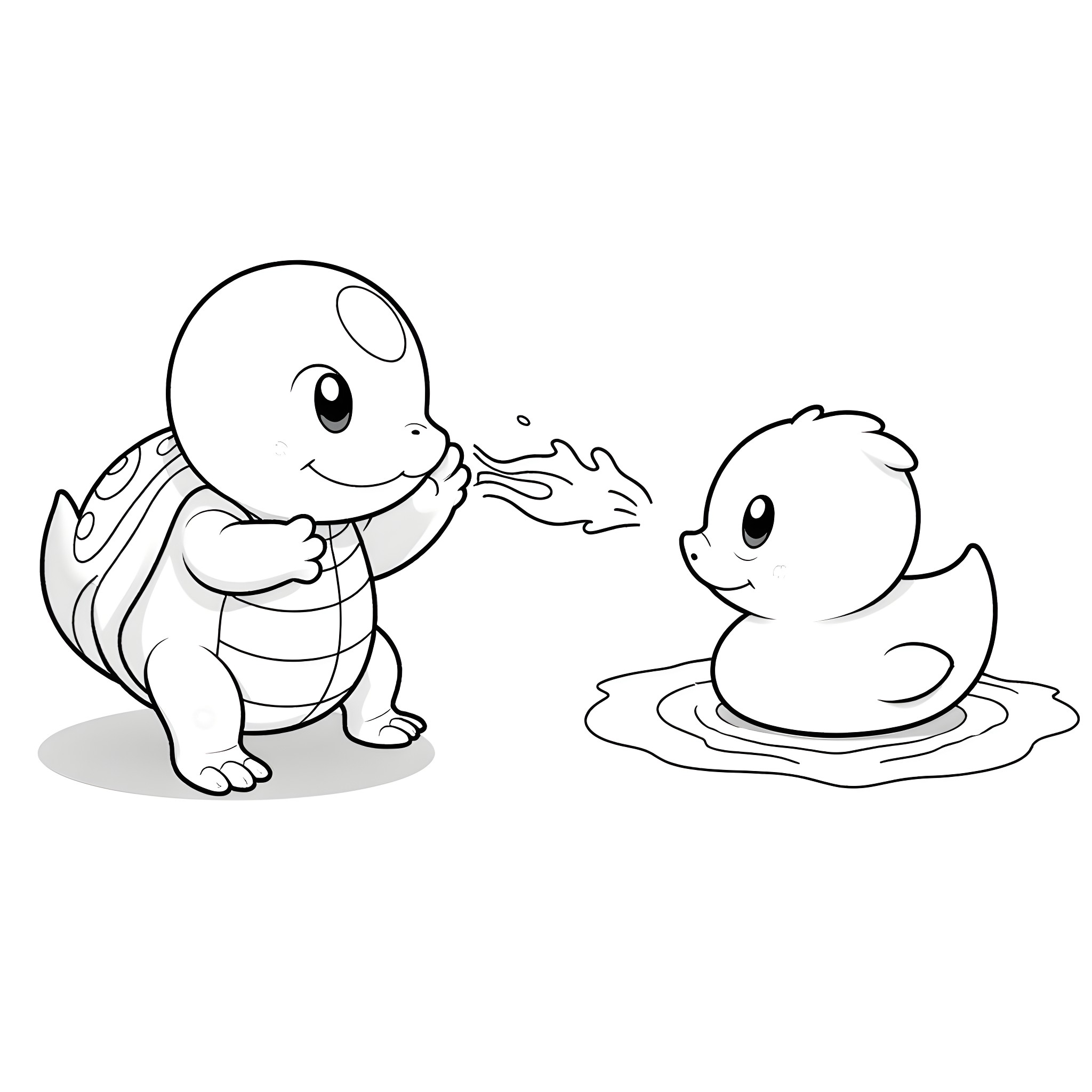 Squirtle and its Water Companion Coloring Page (free black-and-white line drawing printable PDF for all, from beginners to advanced learners, including children, teens, adults, and seniors)