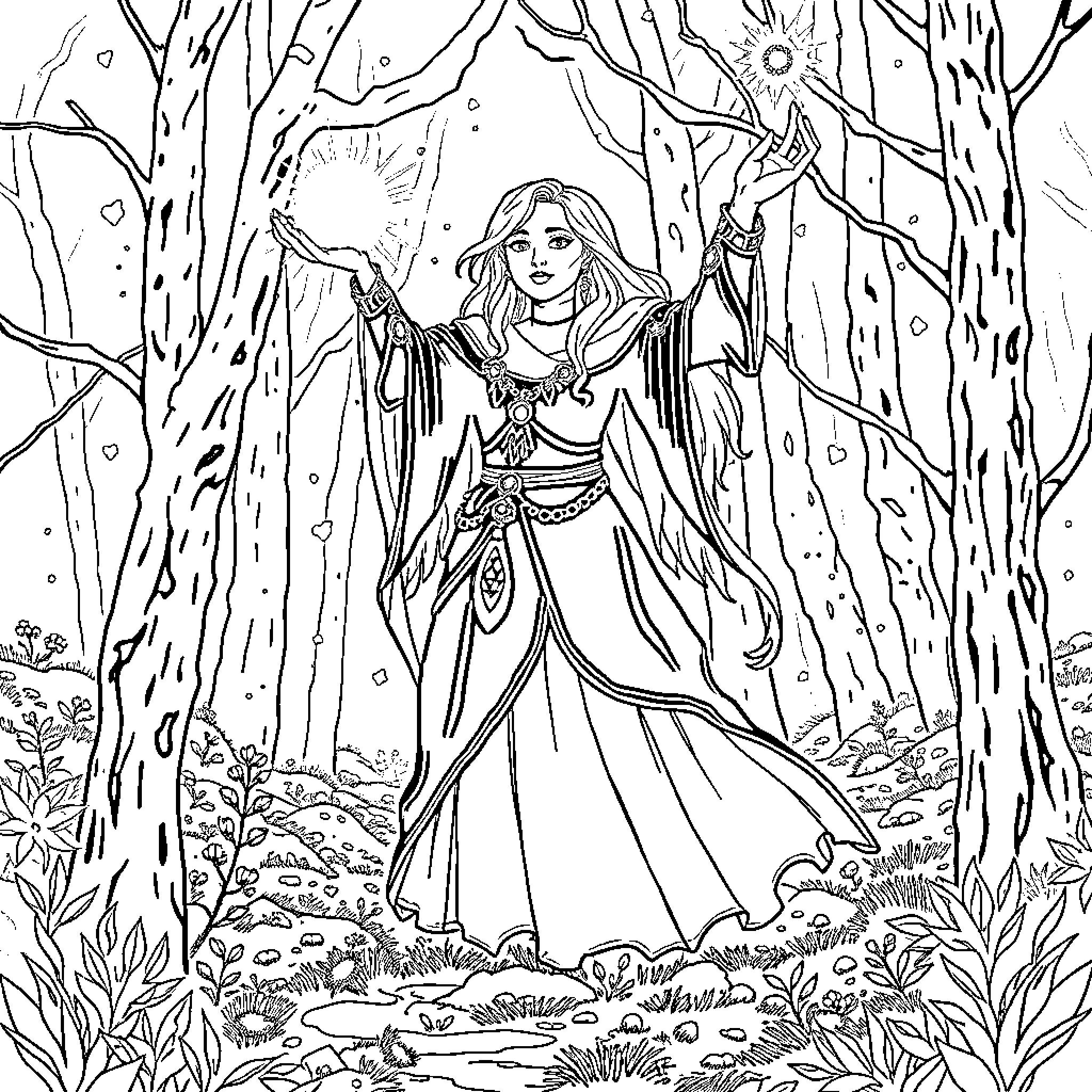 Friren's Enchanted Forest Adventure Coloring Page (free black-and-white line drawing printable PDF for all, from beginners to advanced learners, including children, teens, adults, and seniors)