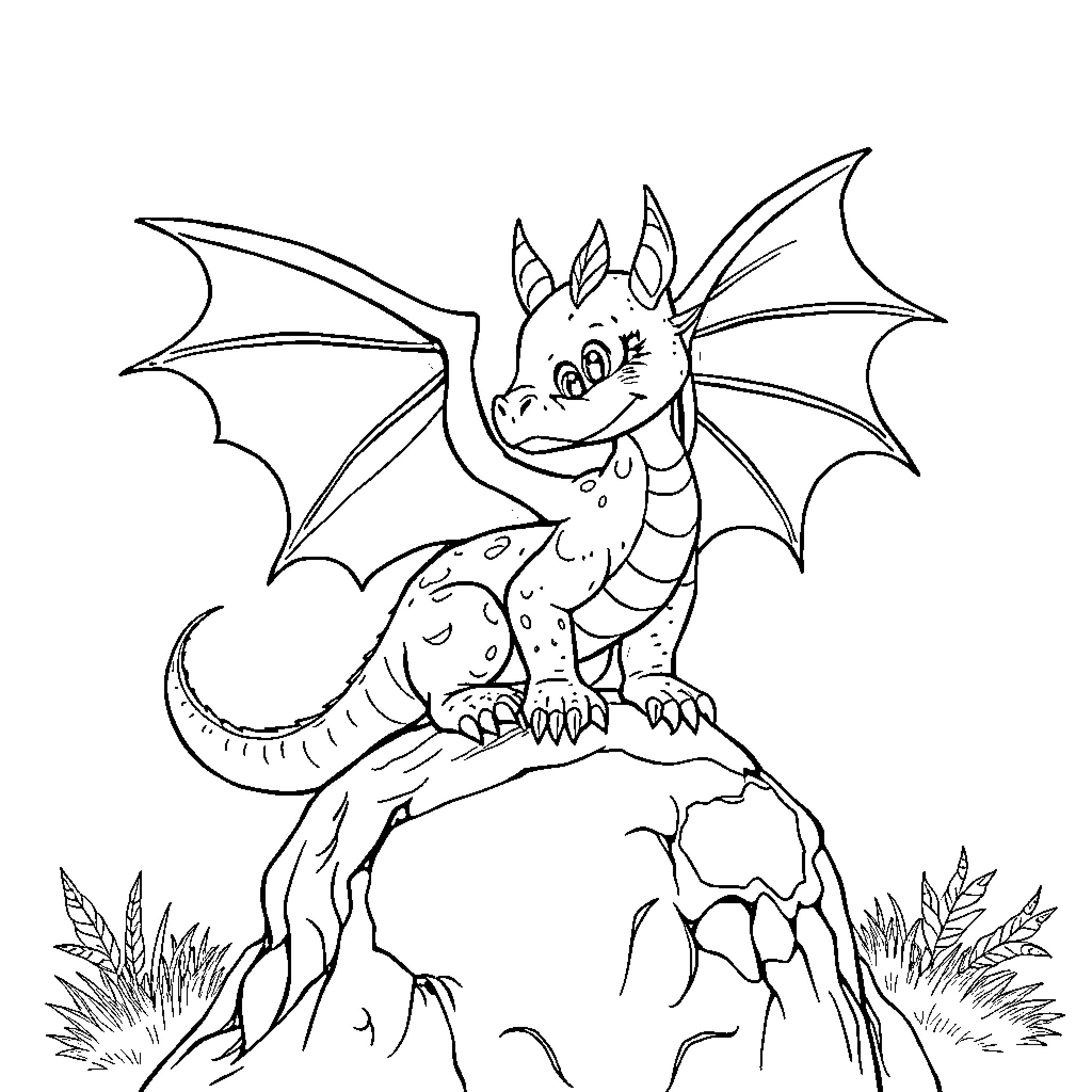 Dragon perched atop a rocky outcrop Coloring Page (free black-and-white line drawing printable PDF for all, from beginners to advanced learners, including children, teens, adults, and seniors)
