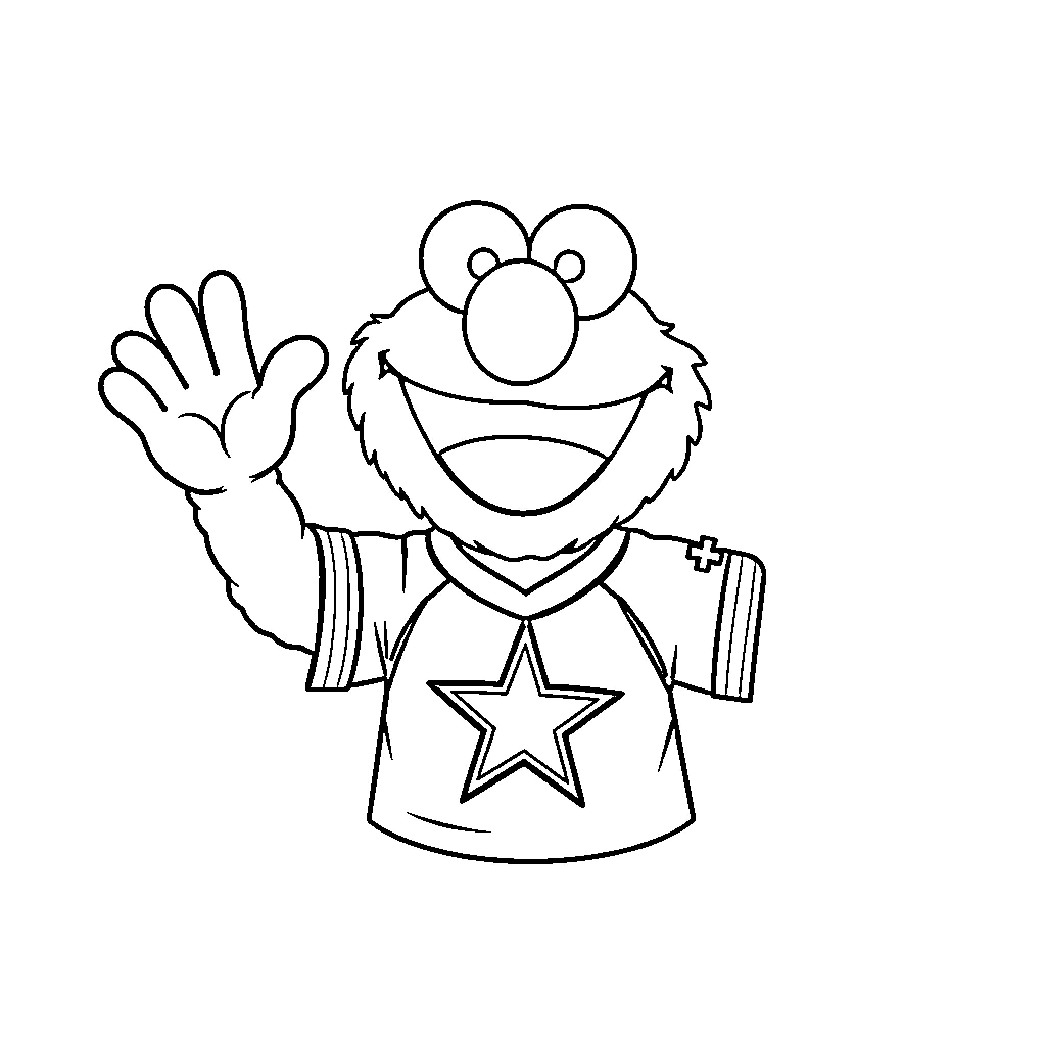 Elmo Waving Happily in Superhero Costume Coloring Page (free black-and-white line drawing printable PDF for all, from beginners to advanced learners, including children, teens, adults, and seniors)