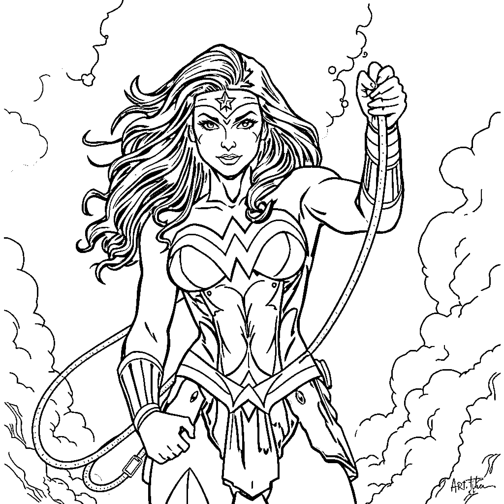 Wonder Woman in powerful battle stance Coloring Page (free black-and-white line drawing printable PDF for all, from beginners to advanced learners, including children, teens, adults, and seniors)