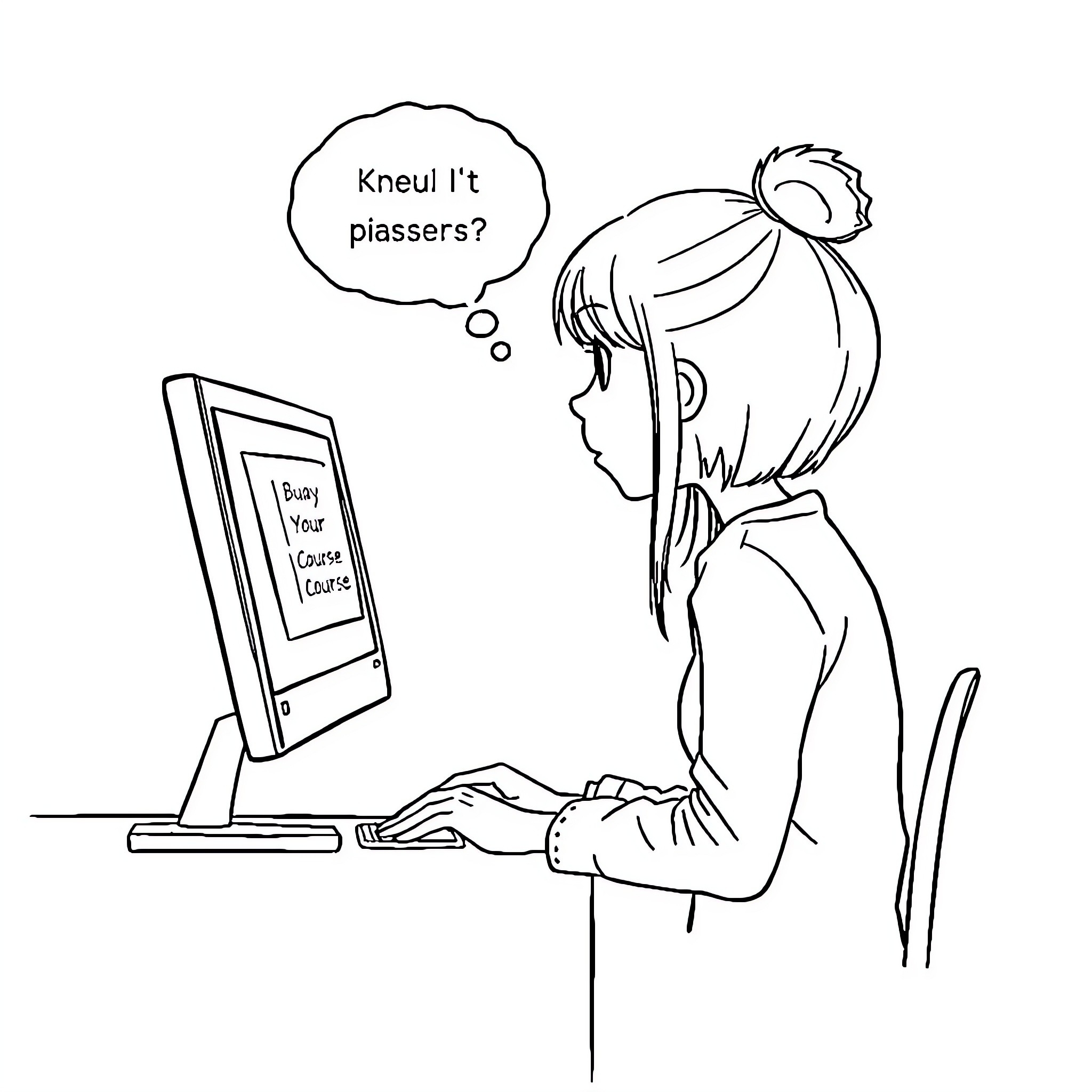 Girl Questioning Passersby on Computer Coloring Page (free black-and-white line drawing printable PDF for all, from beginners to advanced learners, including children, teens, adults, and seniors)