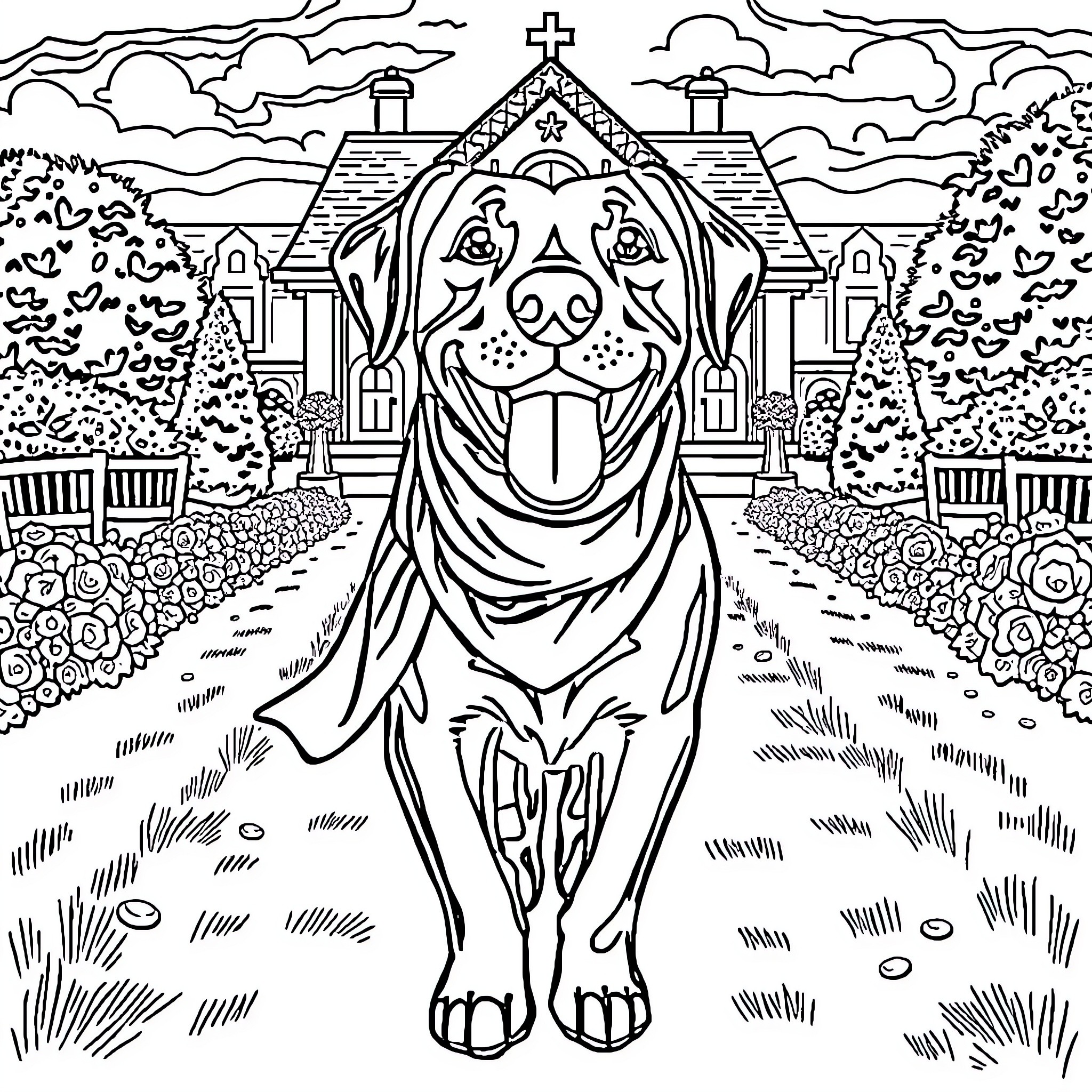 Lab Companions in Whimsical Cottage Setting Coloring Page (free black-and-white line drawing printable PDF for all, from beginners to advanced learners, including children, teens, adults, and seniors)
