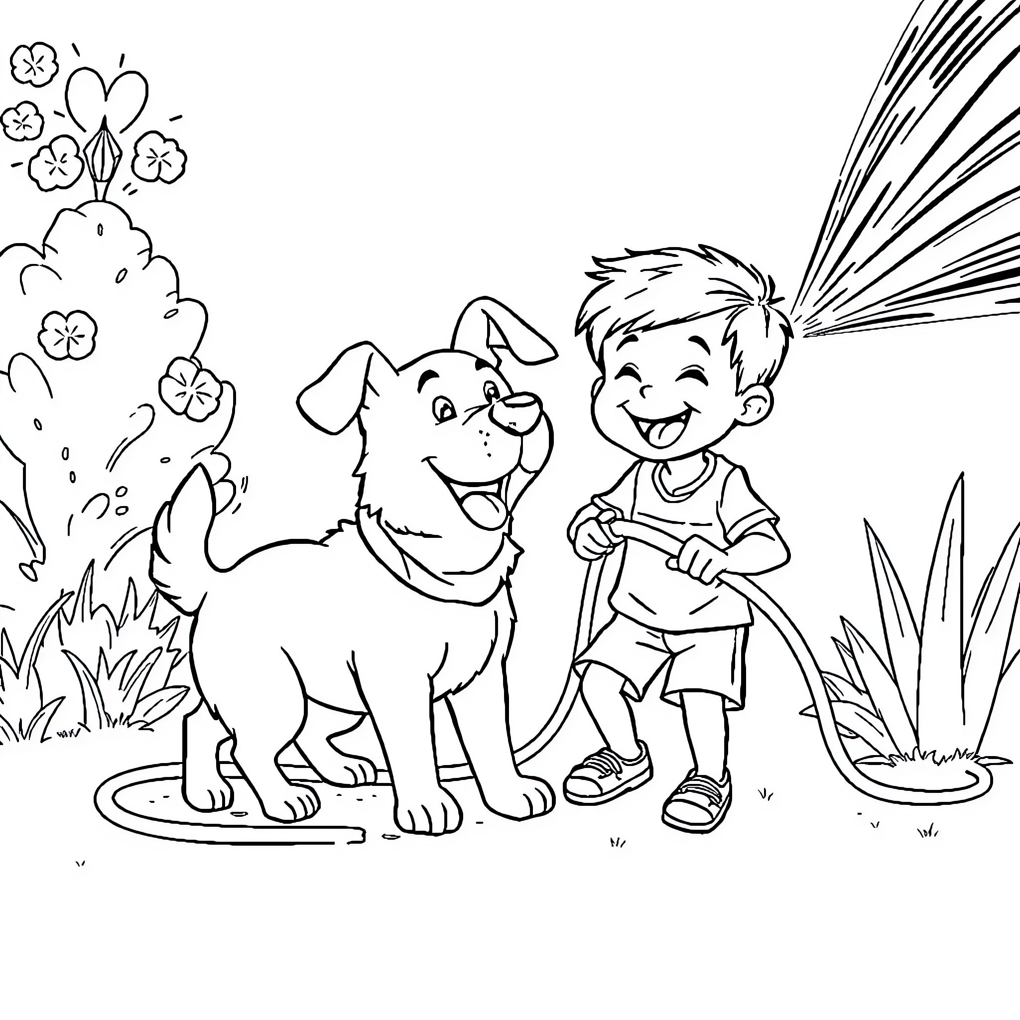 Kid playing happily with dog in the park Coloring Page (free black-and-white line drawing printable PDF for all, from beginners to advanced learners, including children, teens, adults, and seniors)