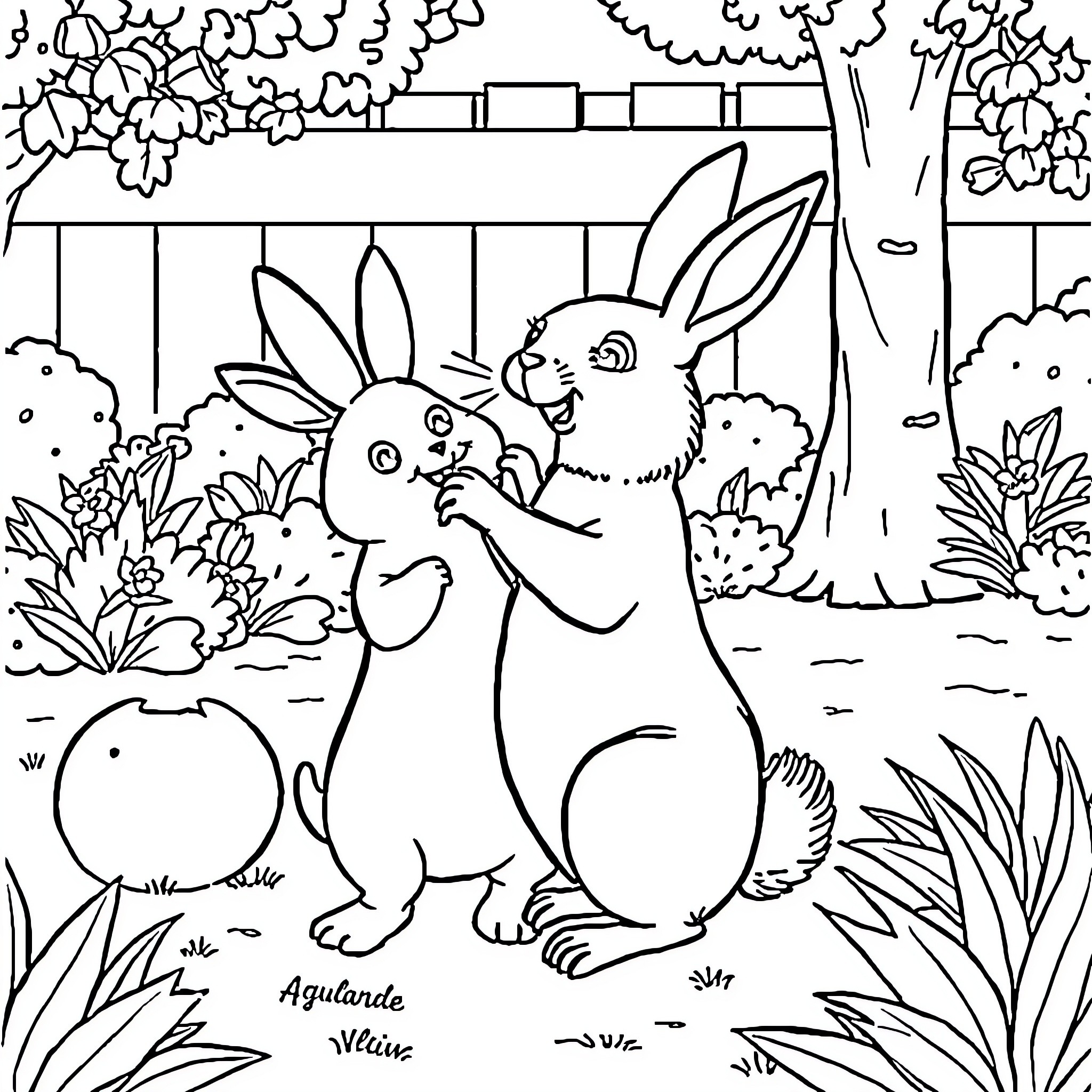 Conejo bunnies playing happily in the garden Coloring Page (free black-and-white line drawing printable PDF for all, from beginners to advanced learners, including children, teens, adults, and seniors)