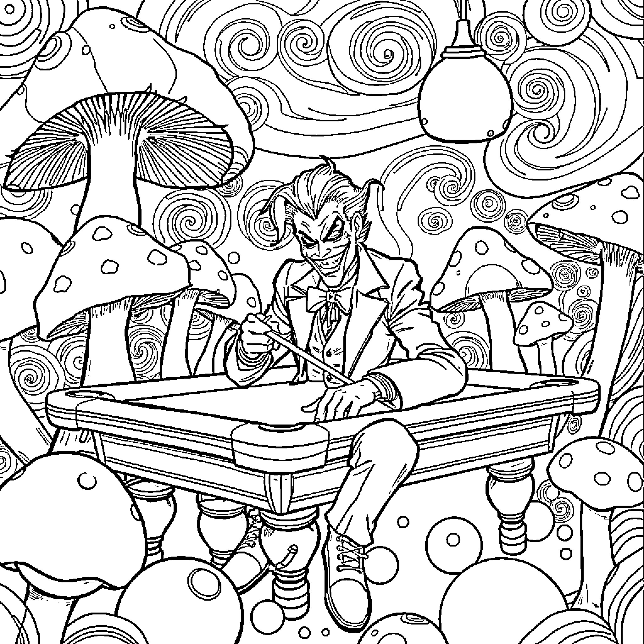 Joker playing pool in a surreal mushroom-filled scene Coloring Page (free black-and-white line drawing printable PDF for all, from beginners to advanced learners, including children, teens, adults, and seniors)