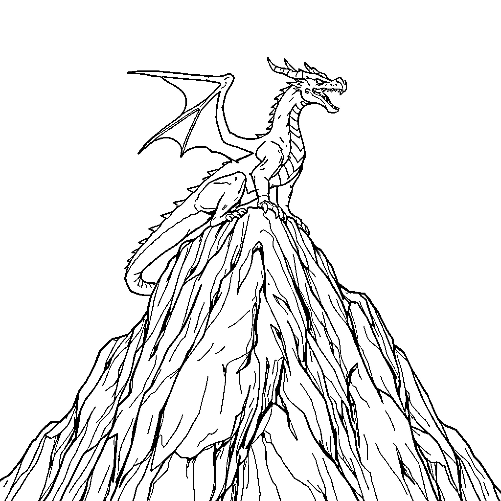 Dragon Perched Atop Rugged Mountain Coloring Page (free black-and-white line drawing printable PDF for all, from beginners to advanced learners, including children, teens, adults, and seniors)