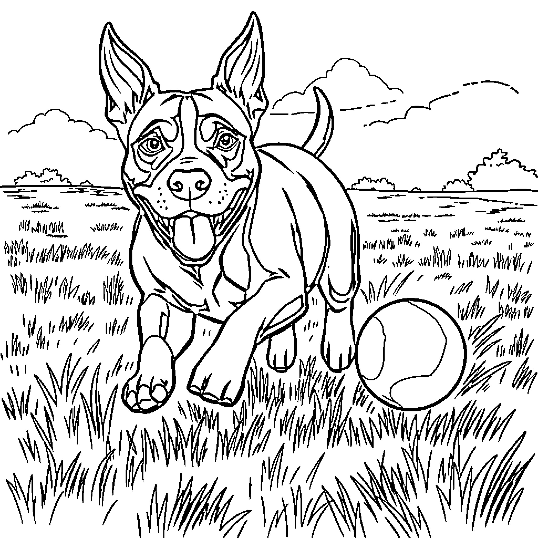 Staffordshire Terrier exploring the grassy field Coloring Page (free black-and-white line drawing printable PDF for all, from beginners to advanced learners, including children, teens, adults, and seniors)