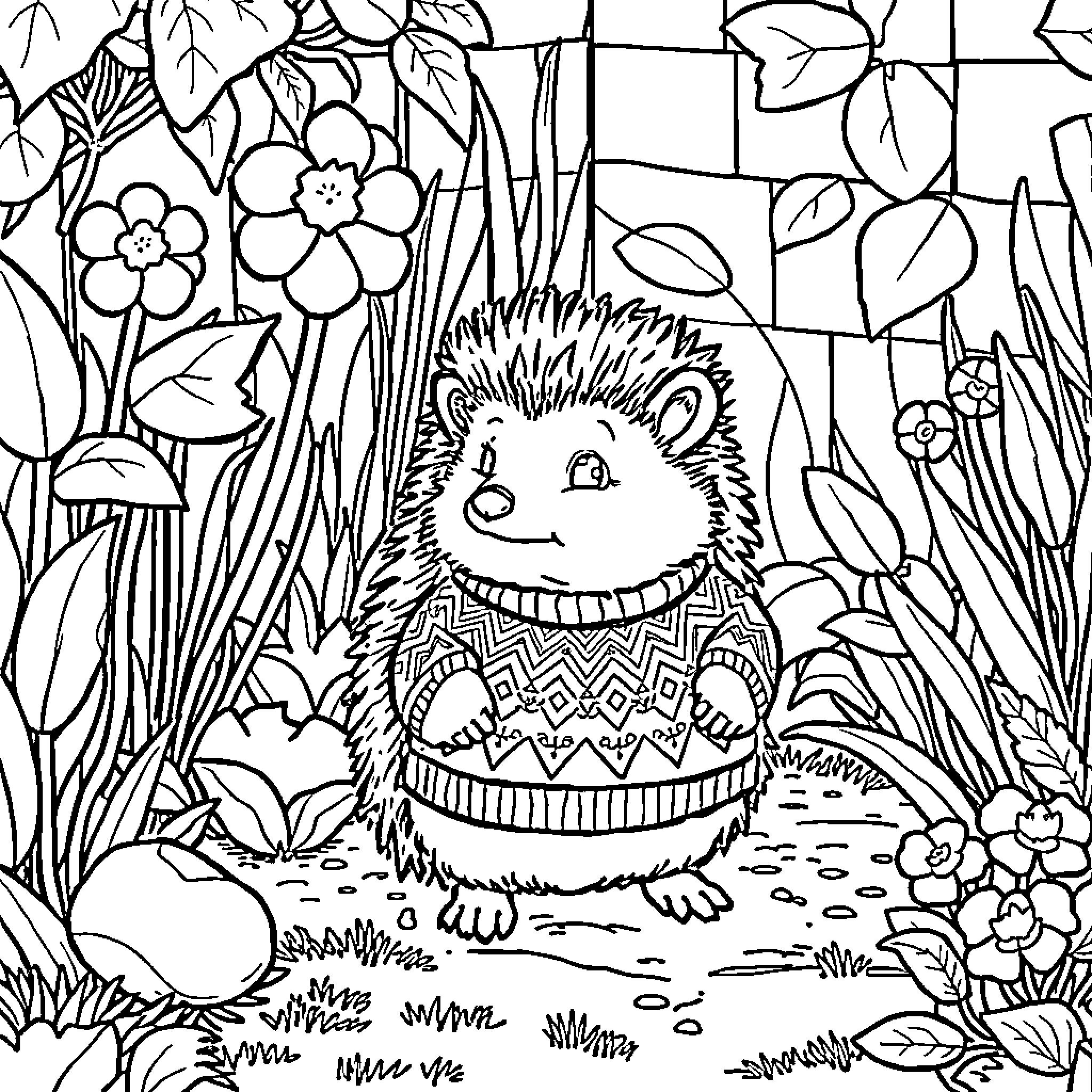 Hedgehog exploring the whimsical floral garden Coloring Page (free black-and-white line drawing printable PDF for all, from beginners to advanced learners, including children, teens, adults, and seniors)