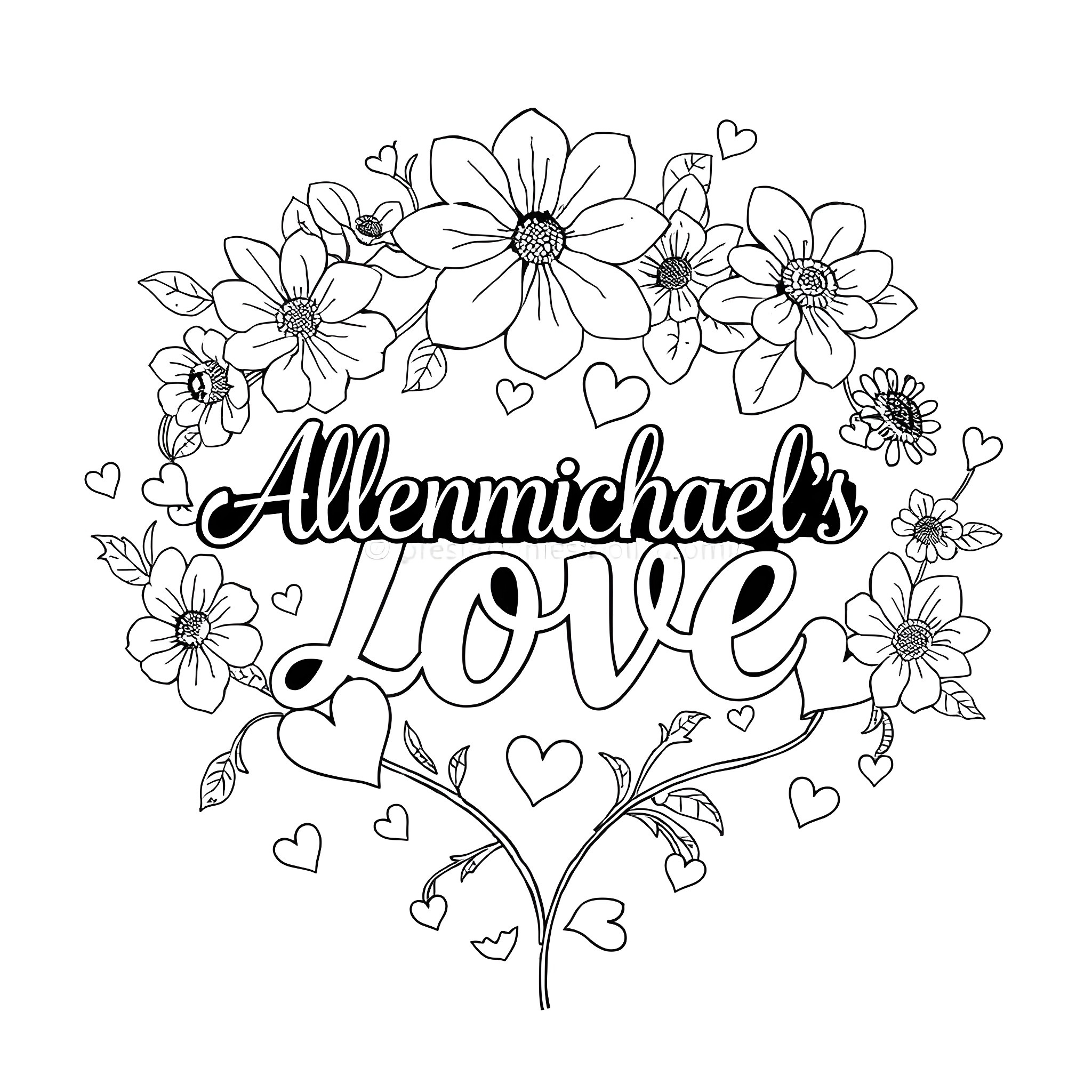 Font Floral Heart Design with Text Coloring Page (free black-and-white line drawing printable PDF for all, from beginners to advanced learners, including children, teens, adults, and seniors)