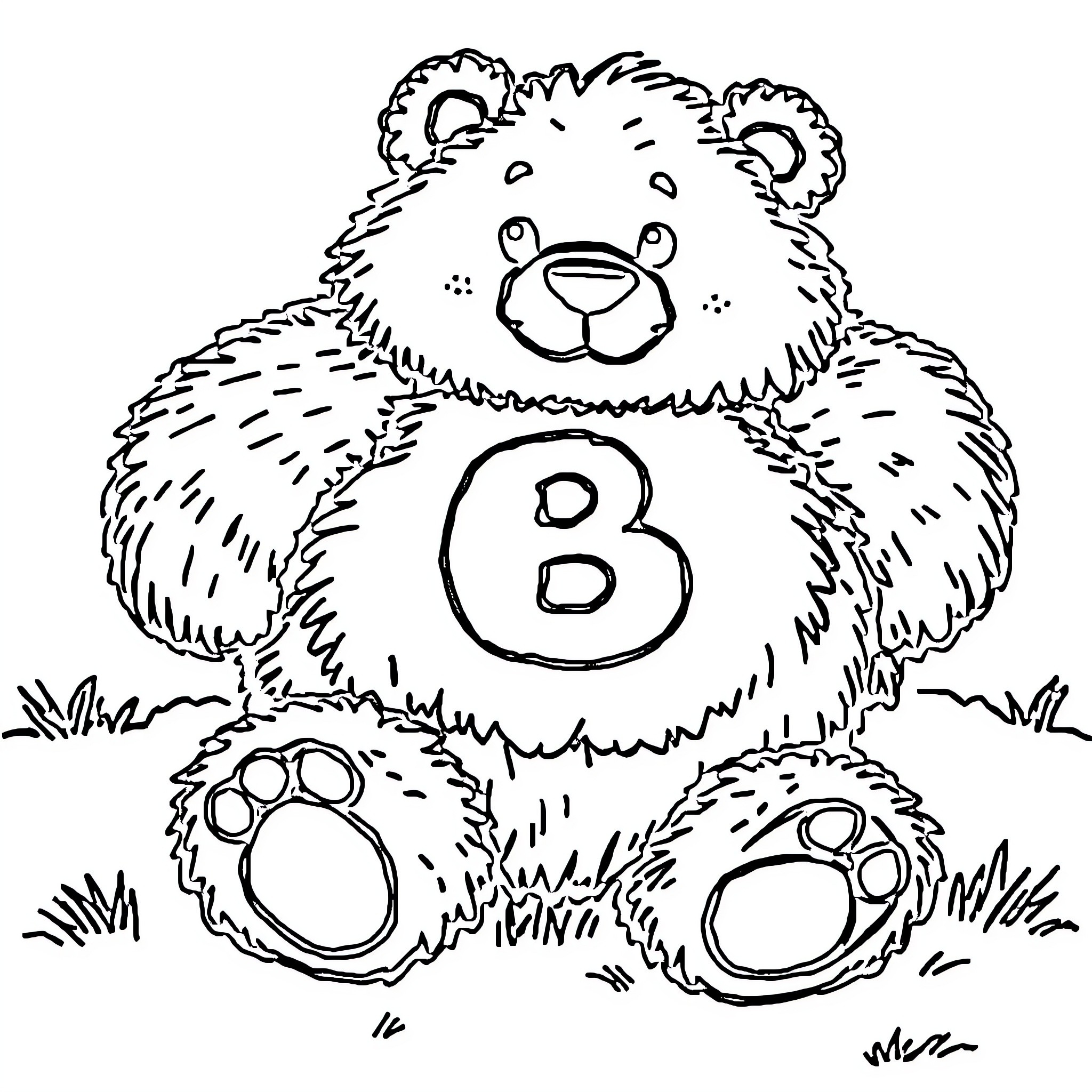 Bear holding letter B with paws in grass Coloring Page (free black-and-white line drawing printable PDF for all, from beginners to advanced learners, including children, teens, adults, and seniors)