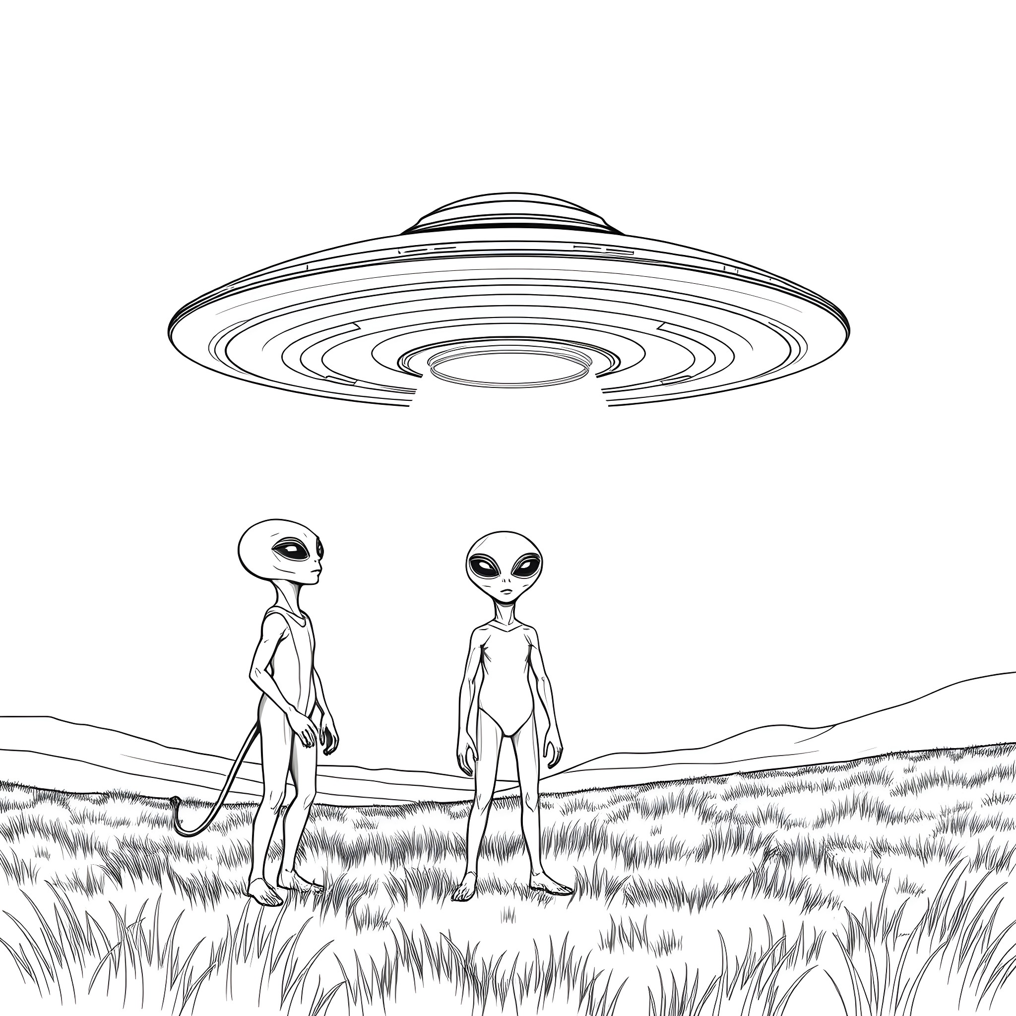 Alien spacecraft hovering over two alien beings in a field Coloring Page (free black-and-white line drawing printable PDF for all, from beginners to advanced learners, including children, teens, adults, and seniors)