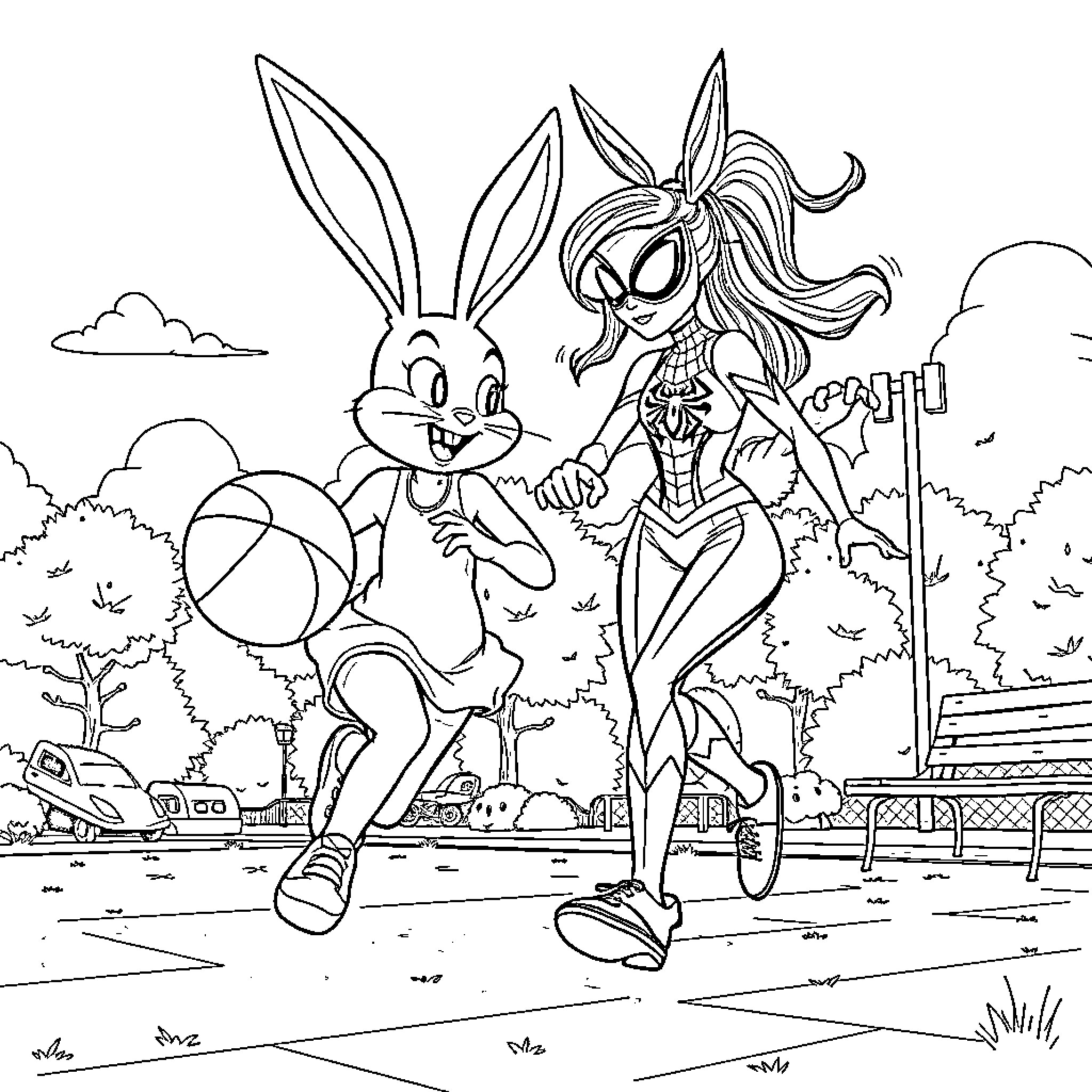 Lola Bunny and Rabbit Companion in Outdoor Adventure Coloring Page (free black-and-white line drawing printable PDF for all, from beginners to advanced learners, including children, teens, adults, and seniors)