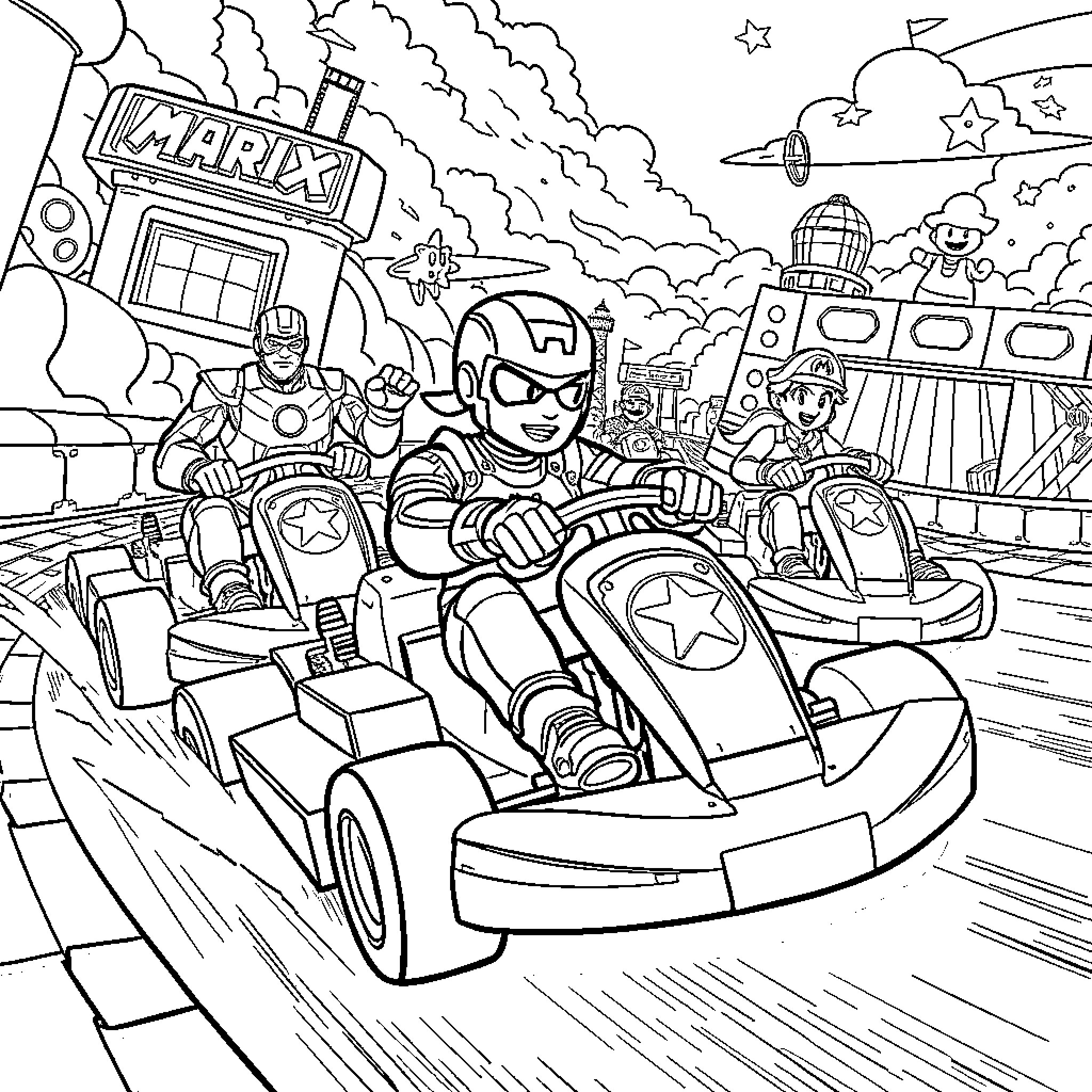 Marvel Characters Racing in Go-Karts Coloring Page (free black-and-white line drawing printable PDF for all, from beginners to advanced learners, including children, teens, adults, and seniors)