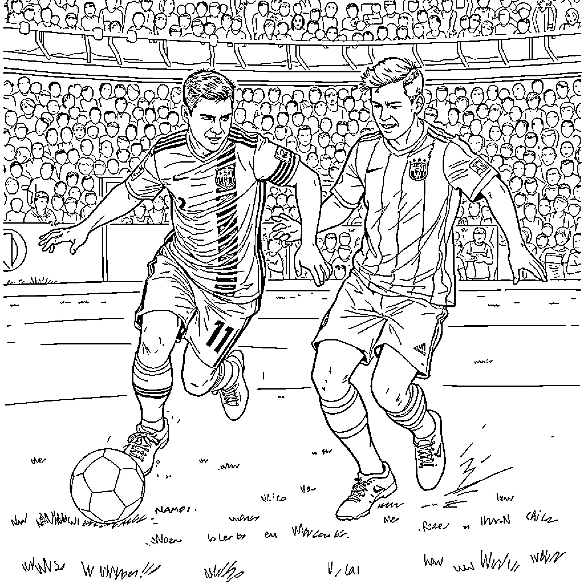 Ronaldo in Action: Two Football Stars on the Pitch Coloring Page (free black-and-white line drawing printable PDF for all, from beginners to advanced learners, including children, teens, adults, and seniors)