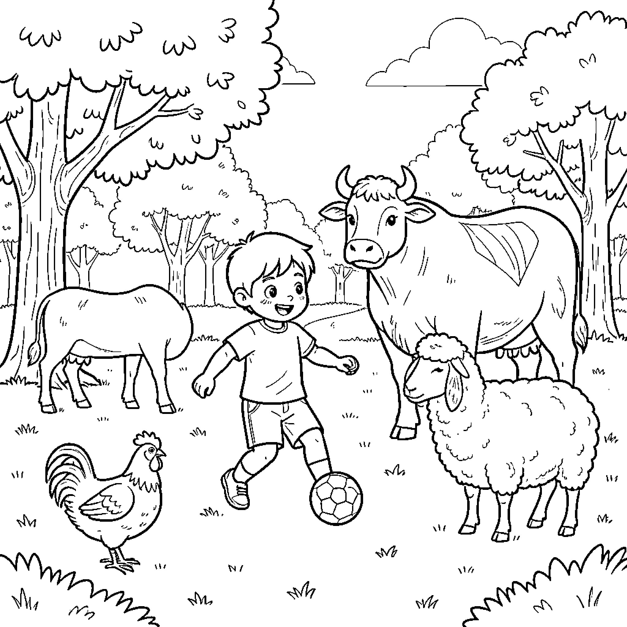 Child playing soccer with farm animals in a field Coloring Page (free black-and-white line drawing printable PDF for all, from beginners to advanced learners, including children, teens, adults, and seniors)