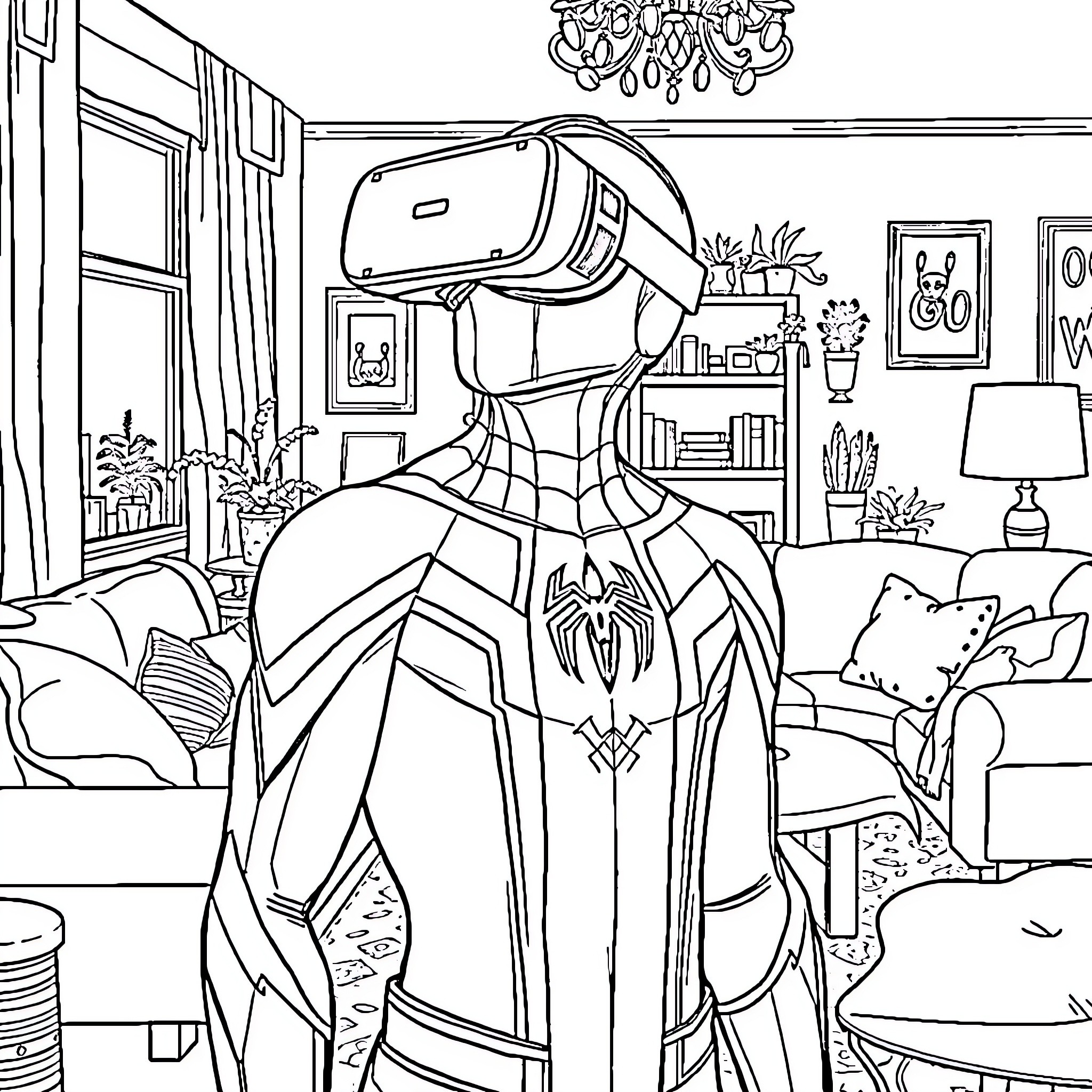 Spiderman exploring a cozy living room Coloring Page (free black-and-white line drawing printable PDF for all, from beginners to advanced learners, including children, teens, adults, and seniors)