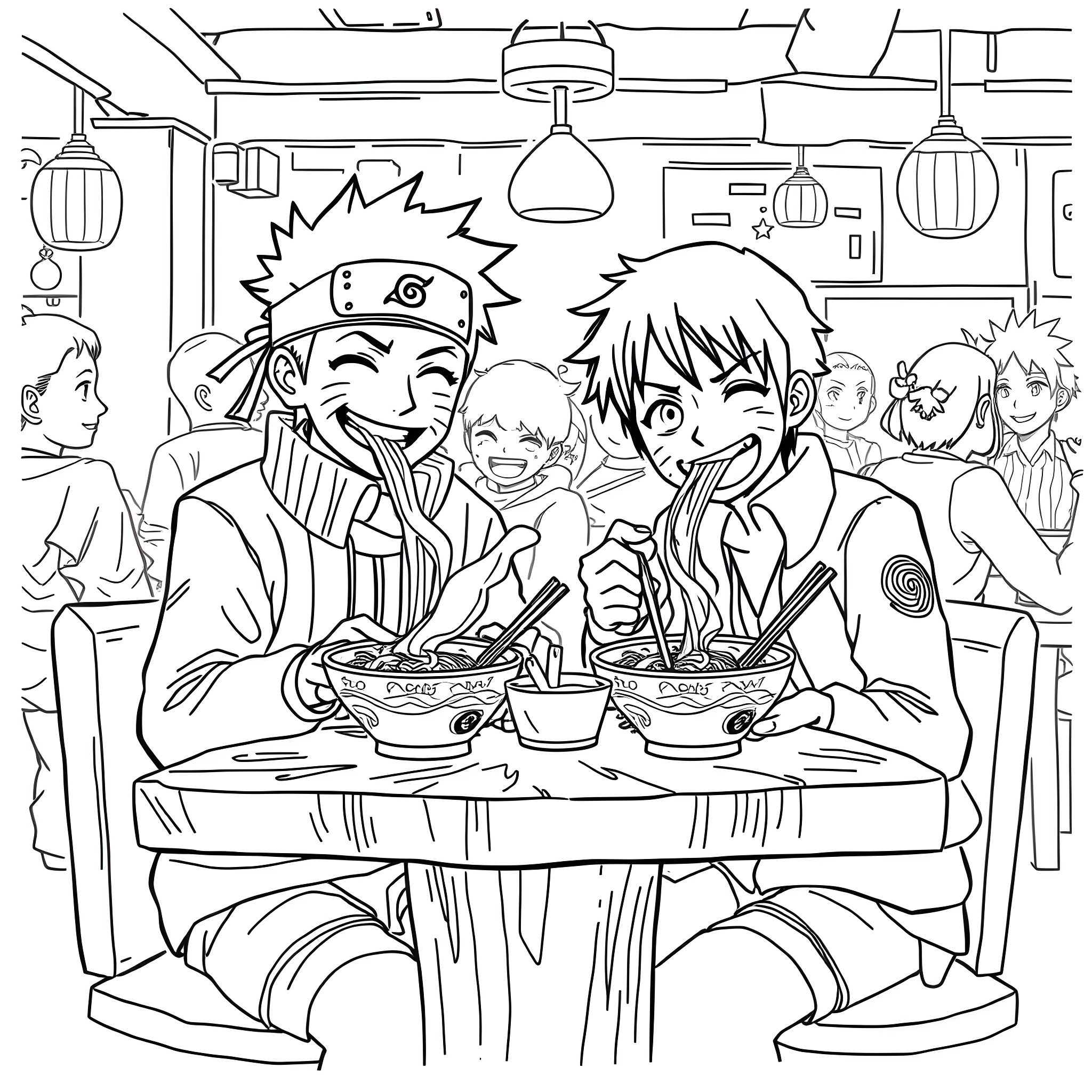 Naruto and Friends Enjoying a Lively Meal Together Coloring Page (free black-and-white line drawing printable PDF for all, from beginners to advanced learners, including children, teens, adults, and seniors)