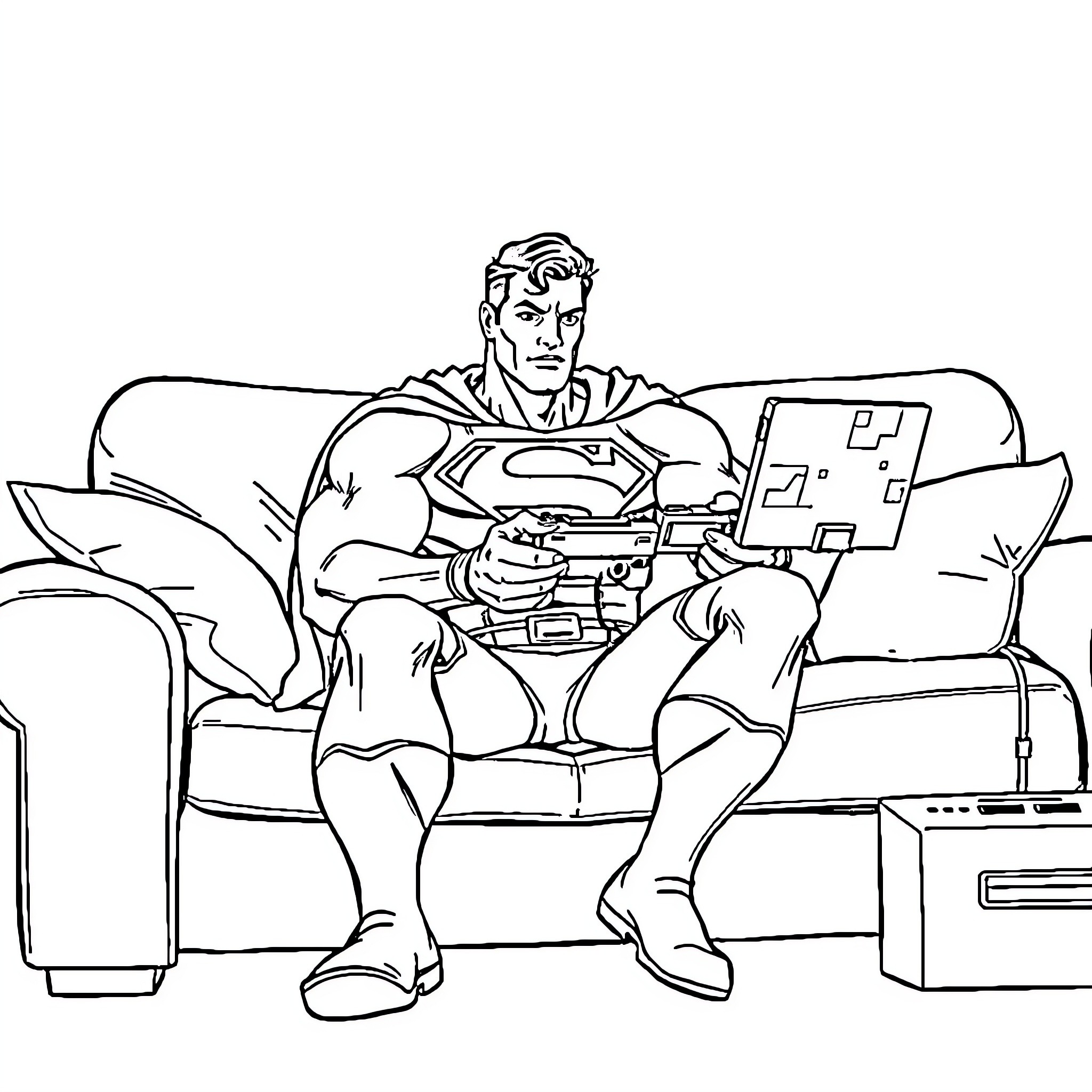 Superman relaxing at home with a video game Coloring Page (free black-and-white line drawing printable PDF for all, from beginners to advanced learners, including children, teens, adults, and seniors)