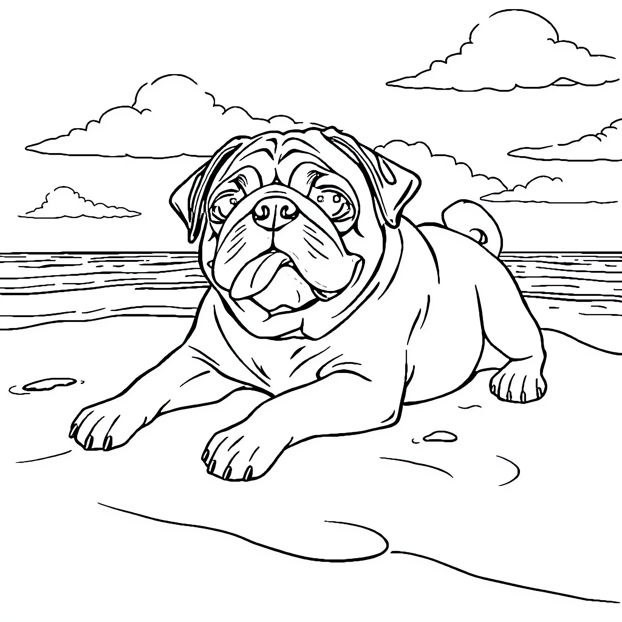 Pug relaxing on the beach Coloring Page (free black-and-white line drawing printable PDF for all, from beginners to advanced learners, including children, teens, adults, and seniors)