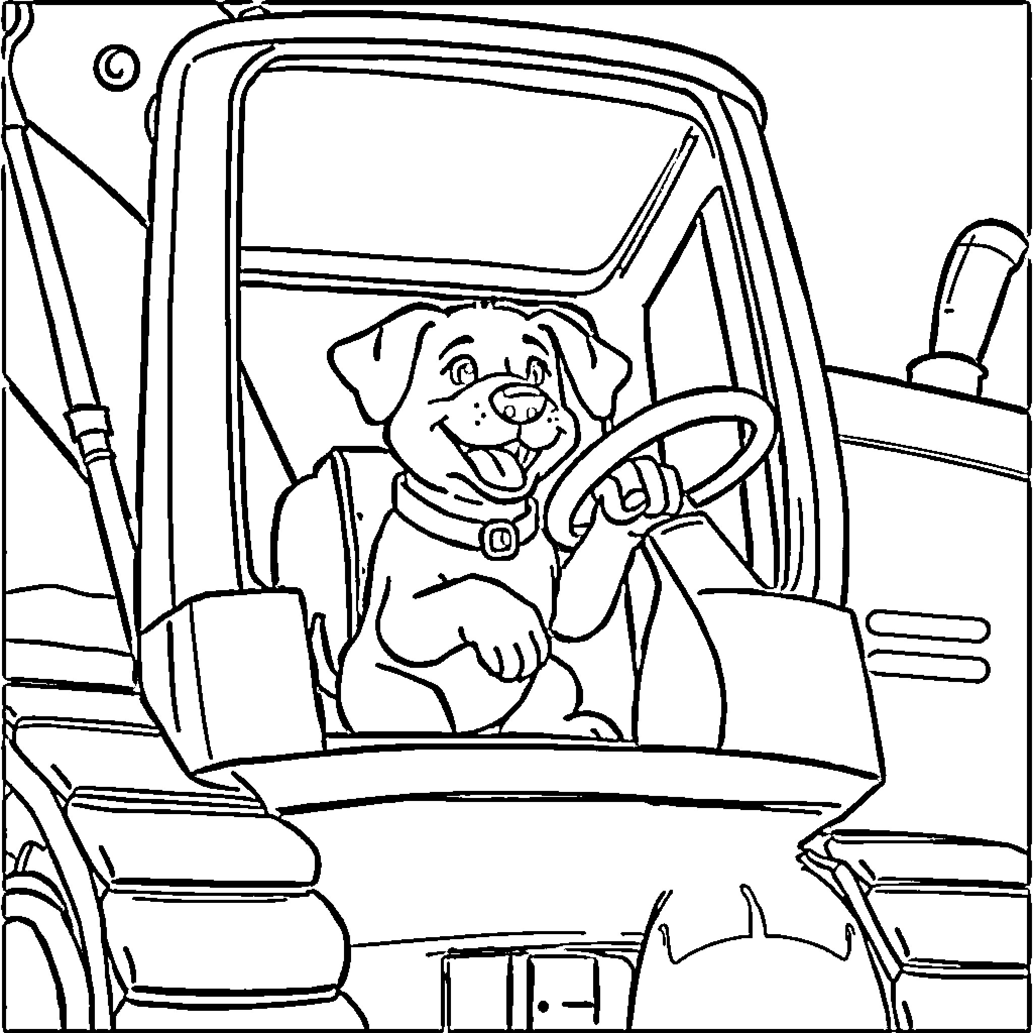 Dog driving happily in a truck Coloring Page (free black-and-white line drawing printable PDF for all, from beginners to advanced learners, including children, teens, adults, and seniors)