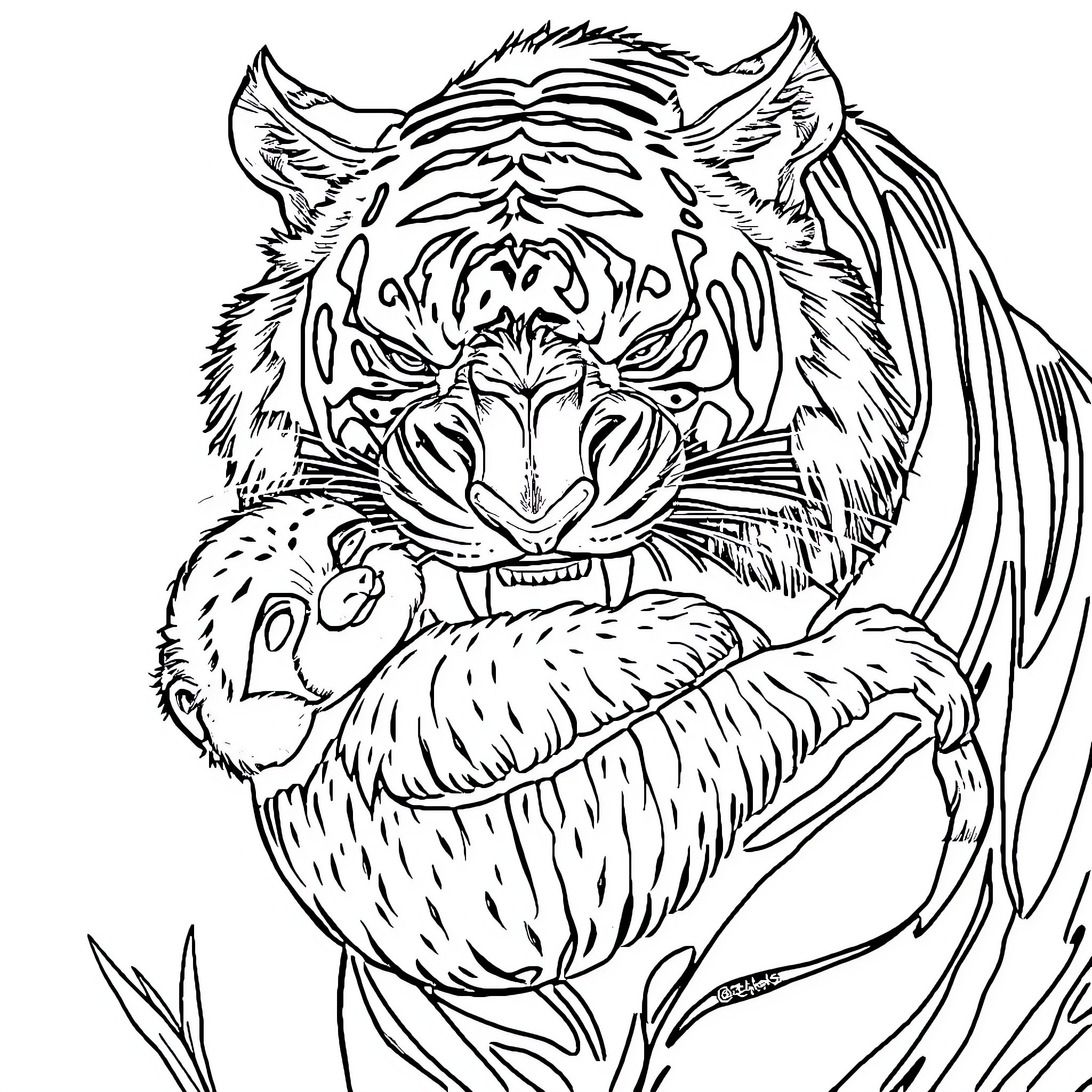 Tiger protecting its cub in nature Coloring Page (free black-and-white line drawing printable PDF for all, from beginners to advanced learners, including children, teens, adults, and seniors)