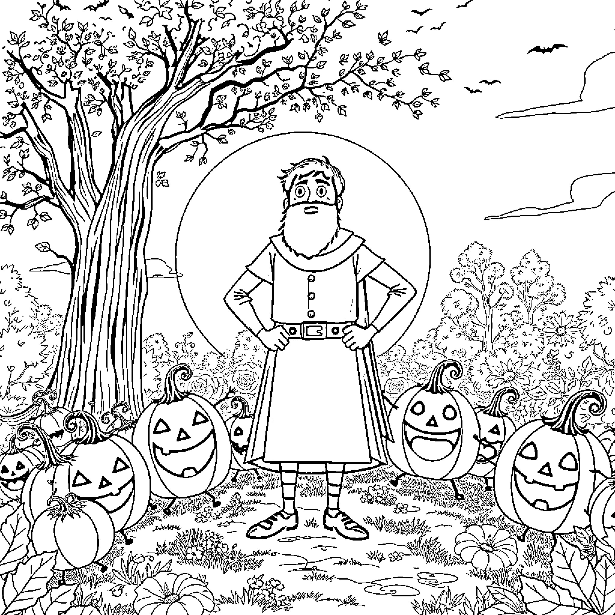 Enoch's Halloween adventure in the enchanted forest Coloring Page (free black-and-white line drawing printable PDF for all, from beginners to advanced learners, including children, teens, adults, and seniors)