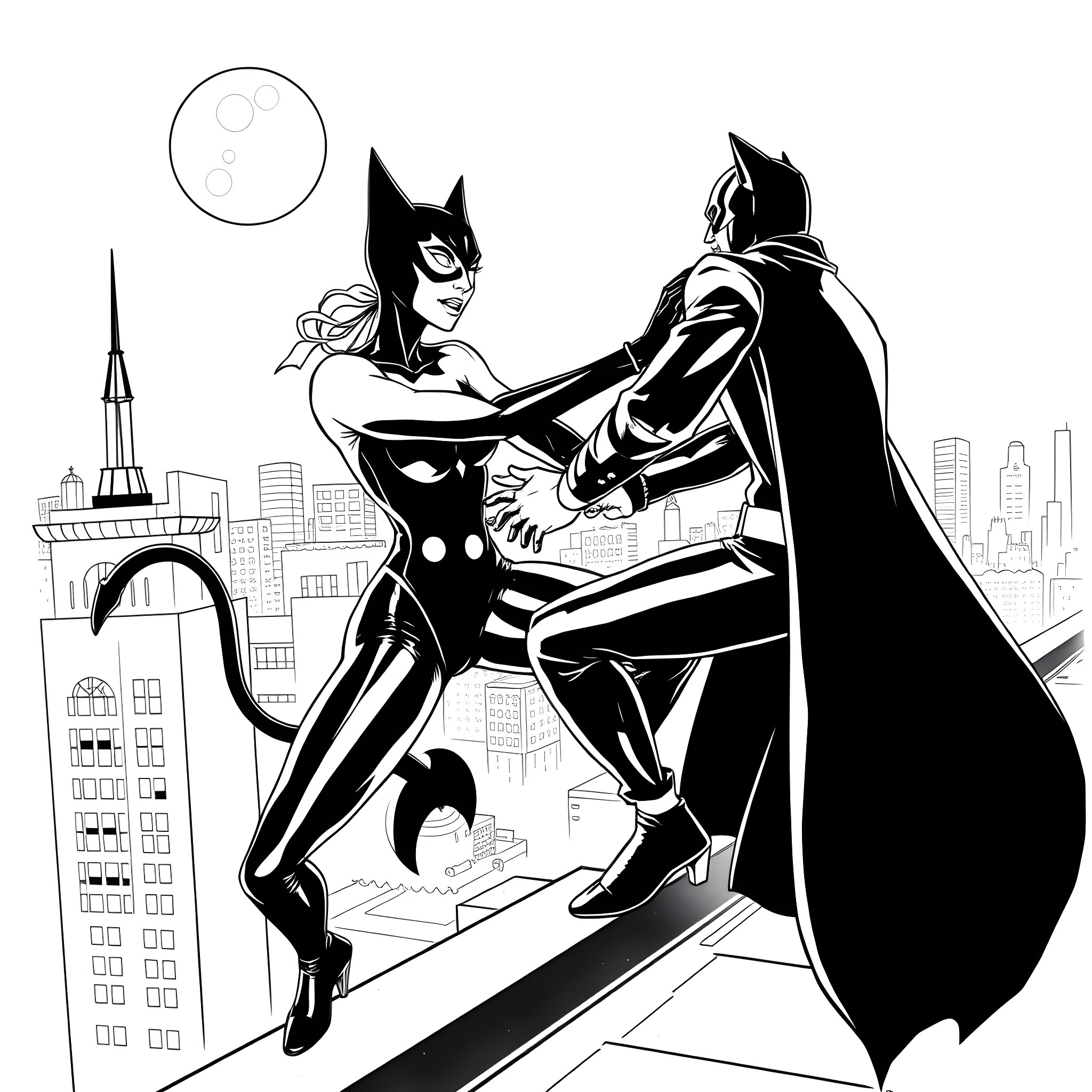 Catwoman and Batman fight on the rooftops Coloring Page (free black-and-white line drawing printable PDF for all, from beginners to advanced learners, including children, teens, adults, and seniors)