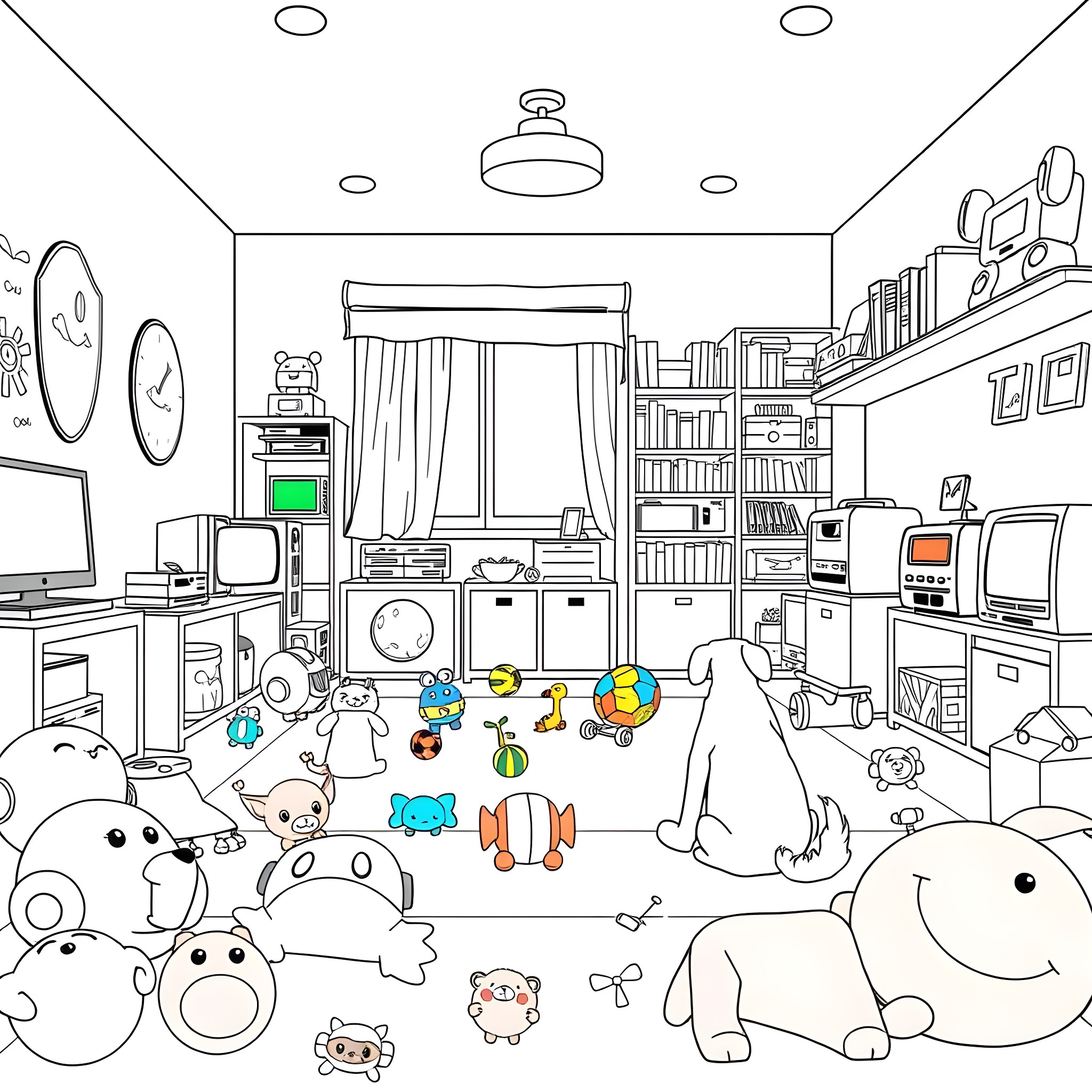 Child's Messy and Playful Bedroom Coloring Page (free black-and-white line drawing printable PDF for all, from beginners to advanced learners, including children, teens, adults, and seniors)