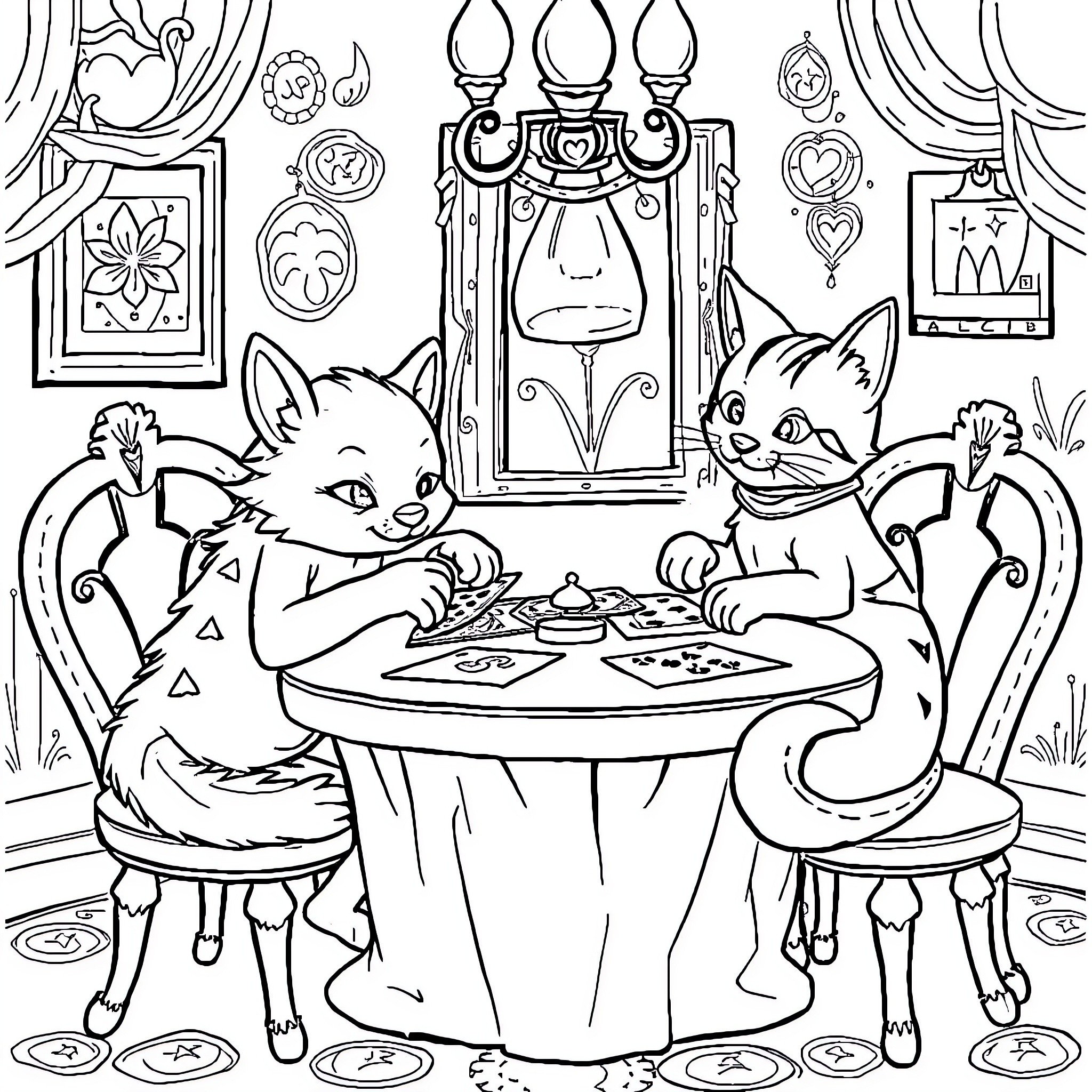 Dolphin-shaped creatures playing a board game in an ornate room Coloring Page (free black-and-white line drawing printable PDF for all, from beginners to advanced learners, including children, teens, adults, and seniors)