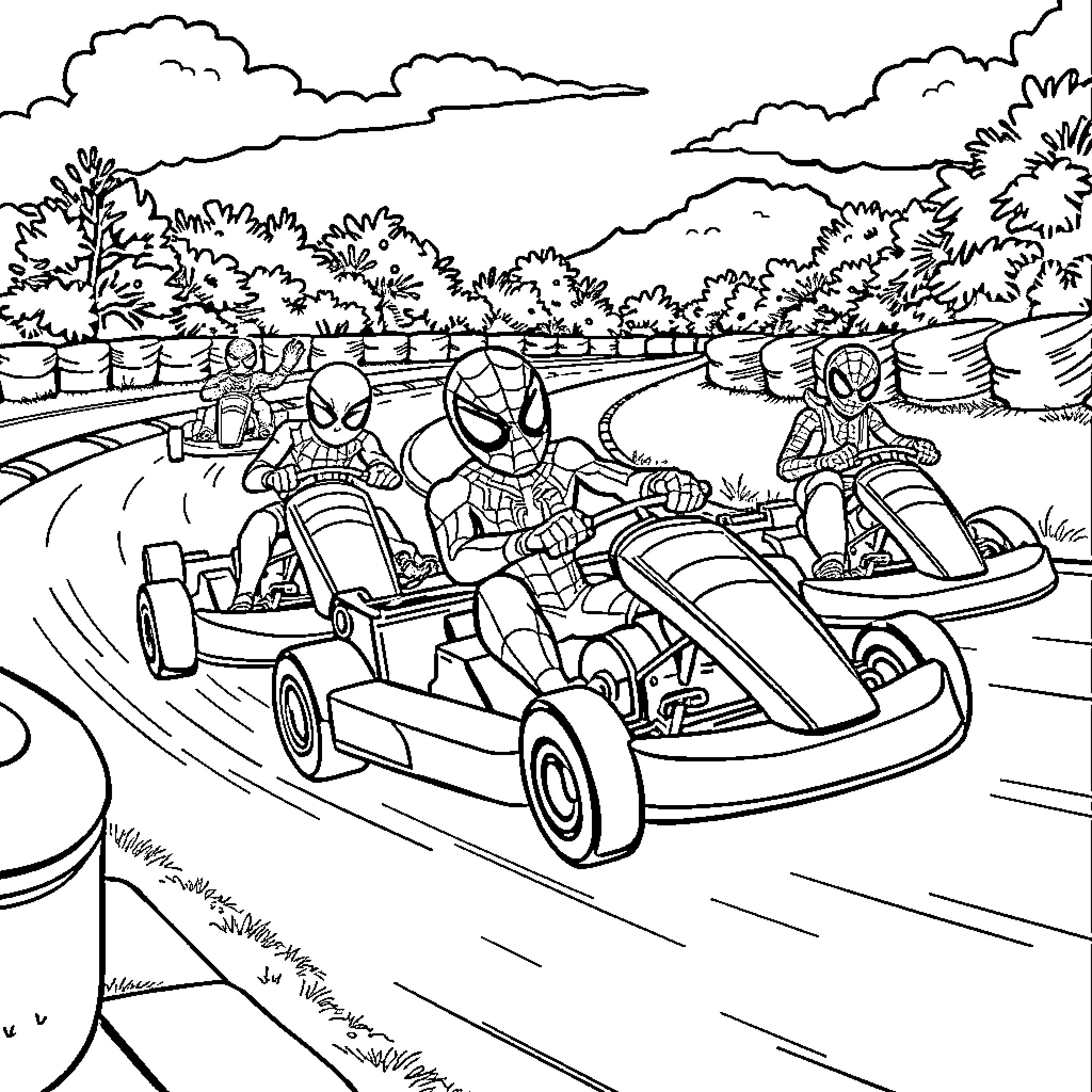 Spidey heroes racing in go-karts through nature Coloring Page (free black-and-white line drawing printable PDF for all, from beginners to advanced learners, including children, teens, adults, and seniors)