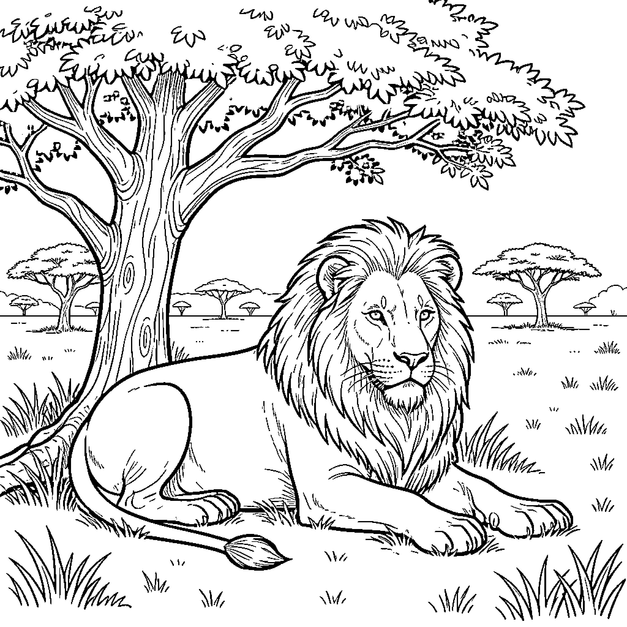 Lion resting in the wild savanna Coloring Page (free black-and-white line drawing printable PDF for all, from beginners to advanced learners, including children, teens, adults, and seniors)