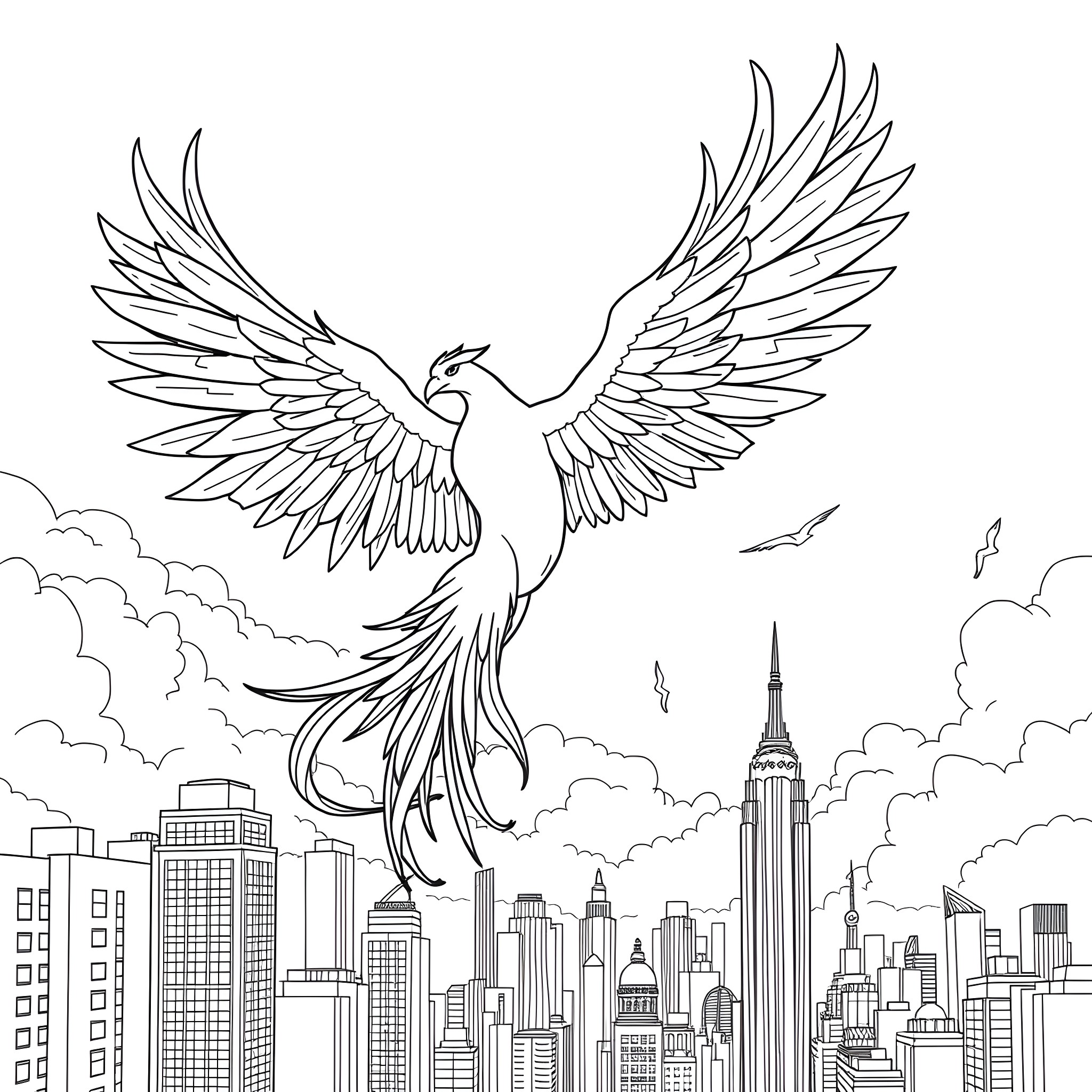 Phoenix rising above the city skyline Coloring Page (free black-and-white line drawing printable PDF for all, from beginners to advanced learners, including children, teens, adults, and seniors)