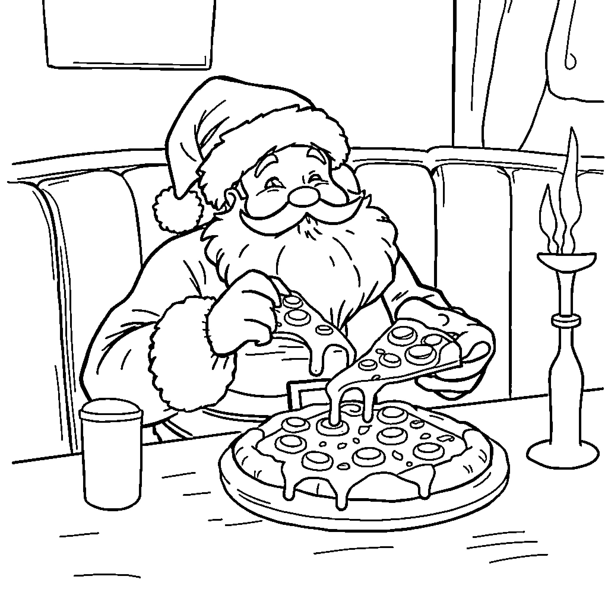 Santa Enjoying a Delicious Pizza in His Home Coloring Page (free black-and-white line drawing printable PDF for all, from beginners to advanced learners, including children, teens, adults, and seniors)