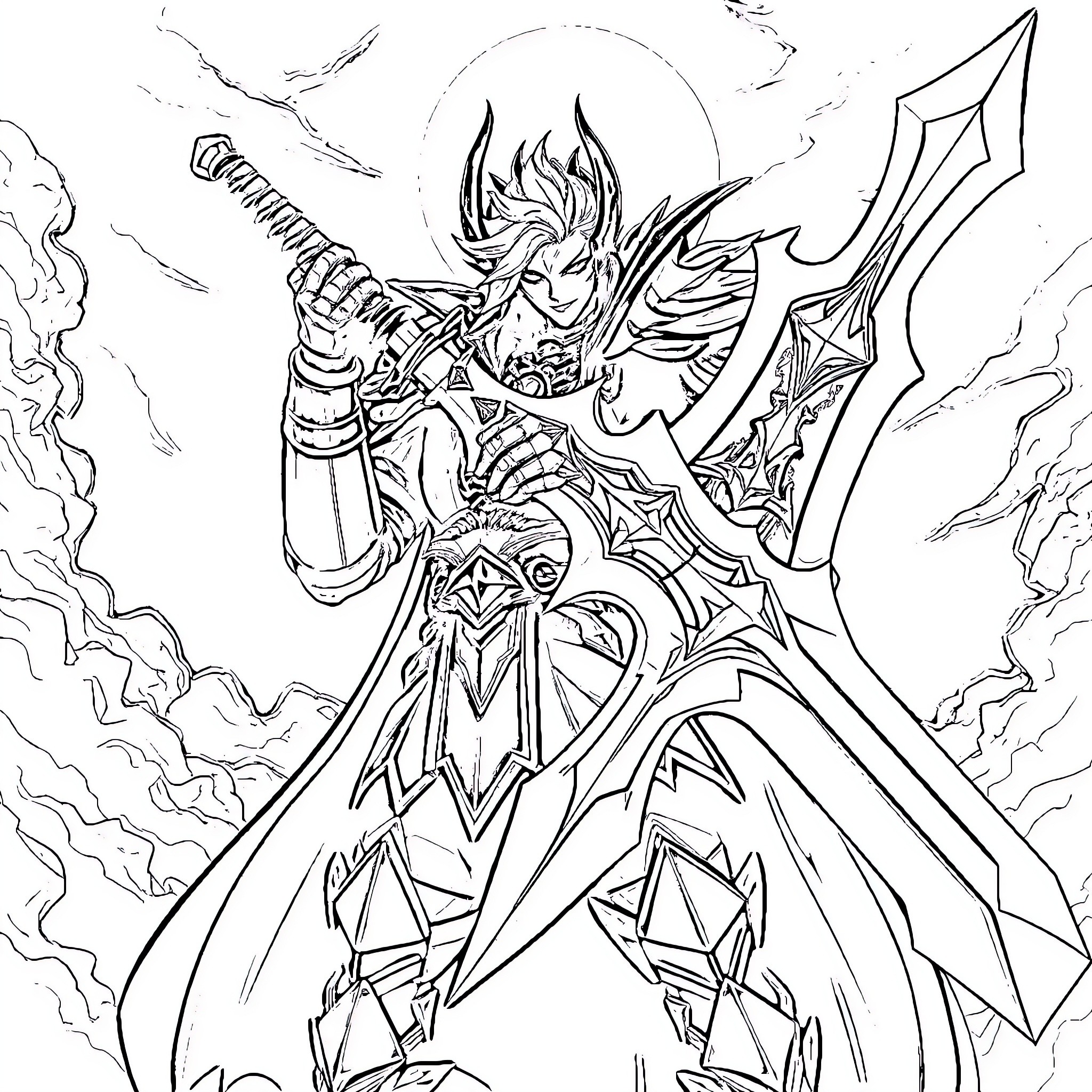 Alucard's Menacing Presence in Heroic Attire Coloring Page (free black-and-white line drawing printable PDF for all, from beginners to advanced learners, including children, teens, adults, and seniors)